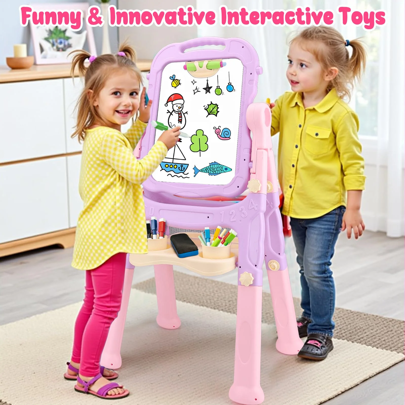 Kids Easels for Toddlers 2-4 Double Sided Kids Art Easel with Magnetic White Board Chalk Board Adjustable Stand Drawing Painting Easel Learning Toys 2 3 4 Year Old Girl Birthday Christmas Gifts Pink - Image 2