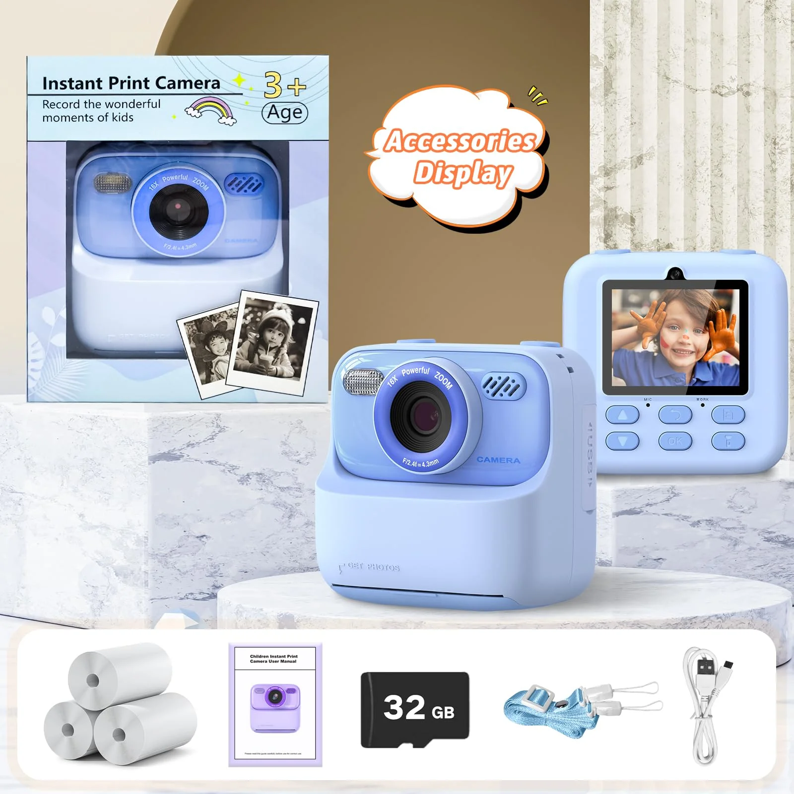 Kids Instant Digital Cameras for Boys and Girls, 1080P HD Dual-Lens Selfie Digital Camera with Print Paper & 32G Card, Christmas Birthday Gifts Toys for Toddler and Teenagers Age 3-16 Years Old - Image 3