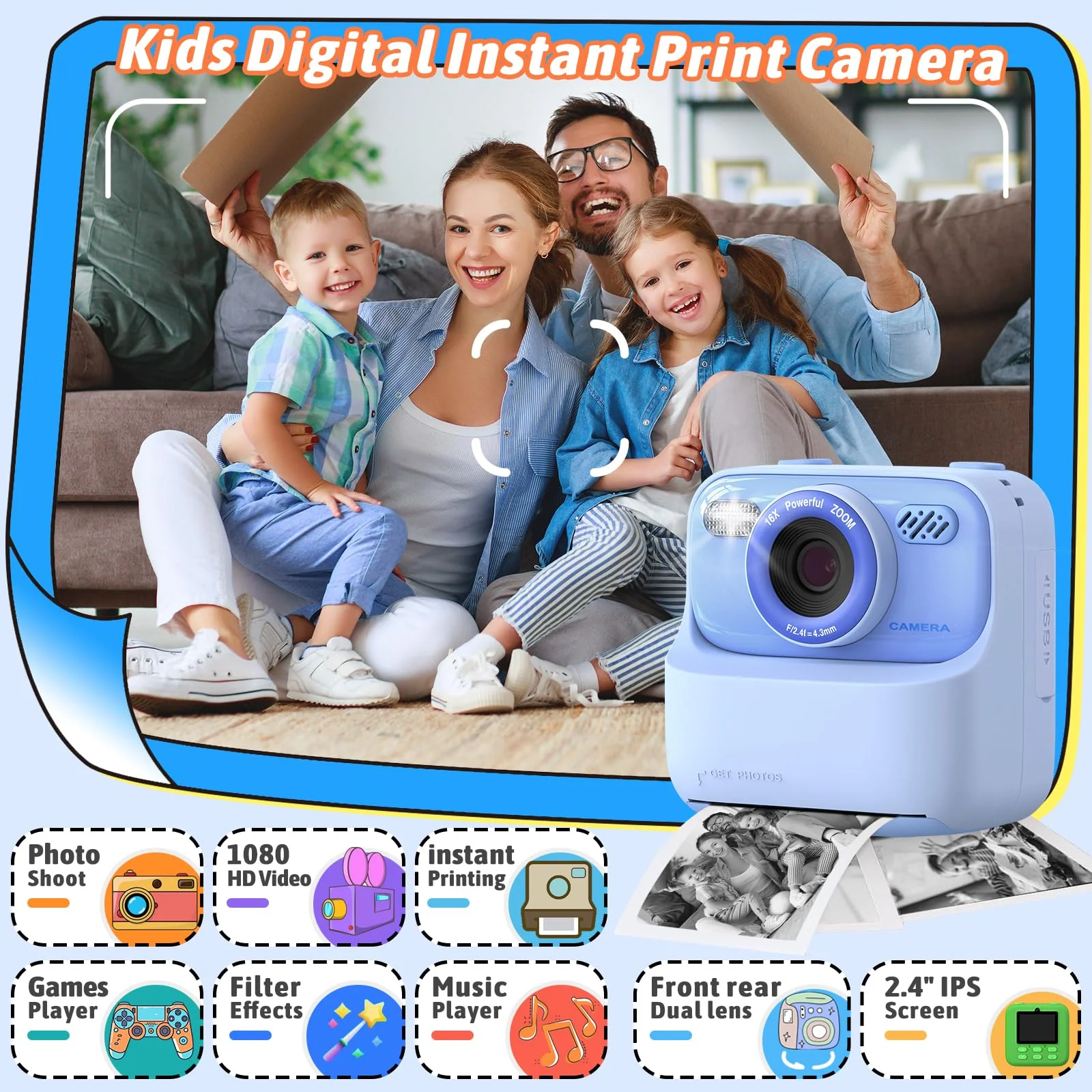 Kids Instant Digital Cameras for Boys and Girls, 1080P HD Dual-Lens Selfie Digital Camera with Print Paper & 32G Card, Christmas Birthday Gifts Toys for Toddler and Teenagers Age 3-16 Years Old - Image 8