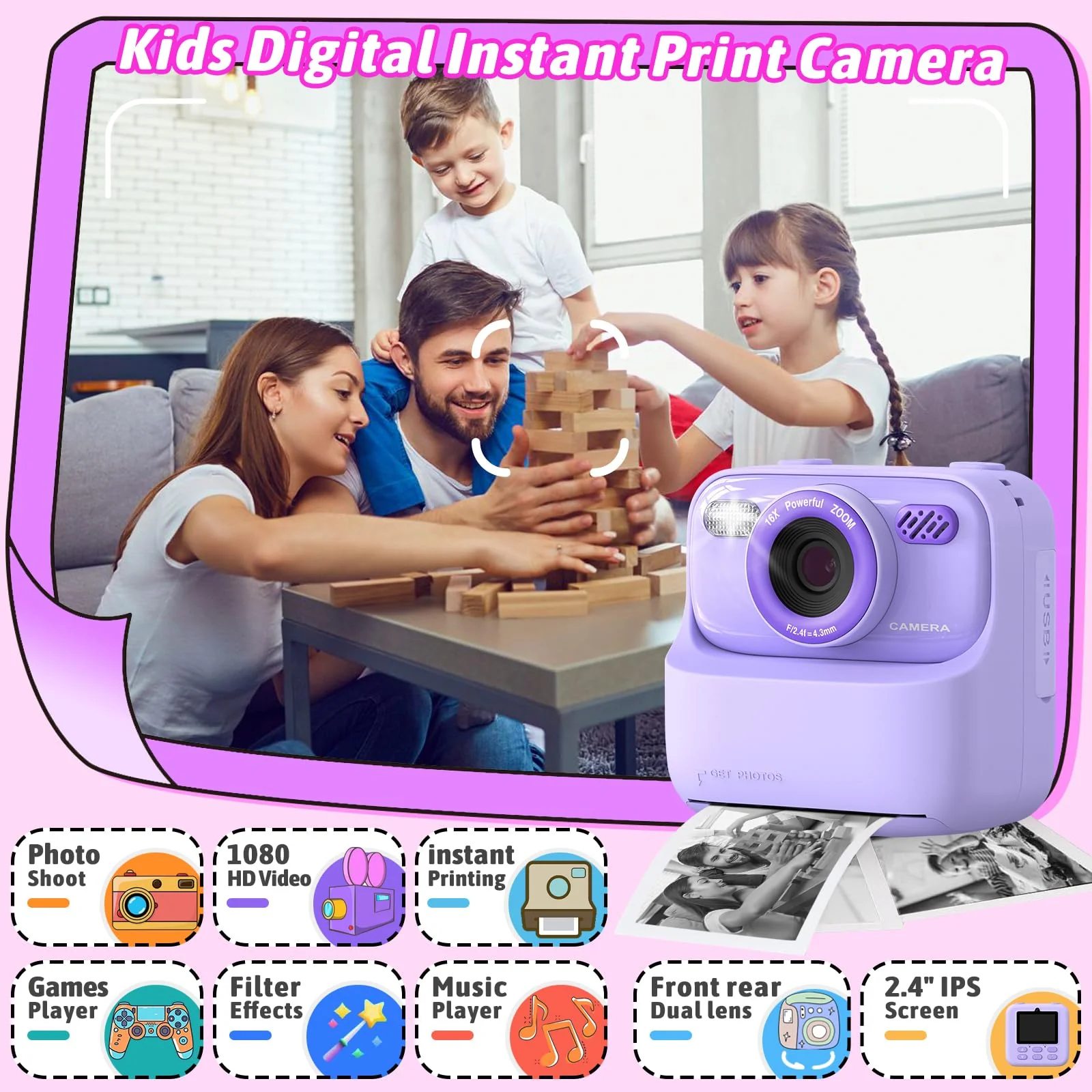 Kids Instant Digital Cameras for Boys and Girls, 1080P HD Dual-Lens Selfie Digital Camera with Print Paper & 32G Card, Christmas Birthday Gifts Toys for Toddler and Teenagers Age 3-16 Years Old - Image 11