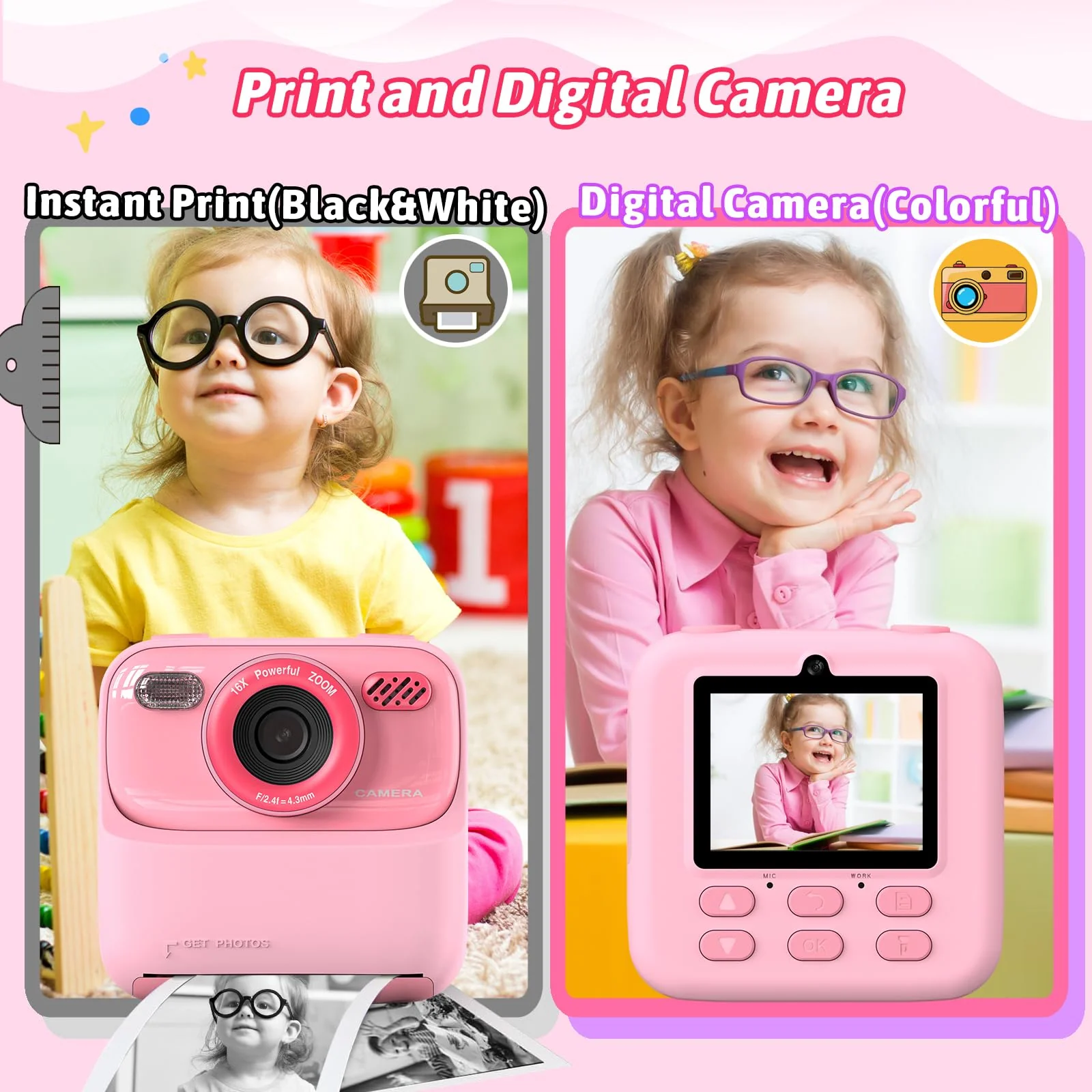 Kids Instant Digital Cameras for Boys and Girls, 1080P HD Dual-Lens Selfie Digital Camera with Print Paper & 32G Card, Christmas Birthday Gifts Toys for Toddler and Teenagers Age 3-16 Years Old - Image 6