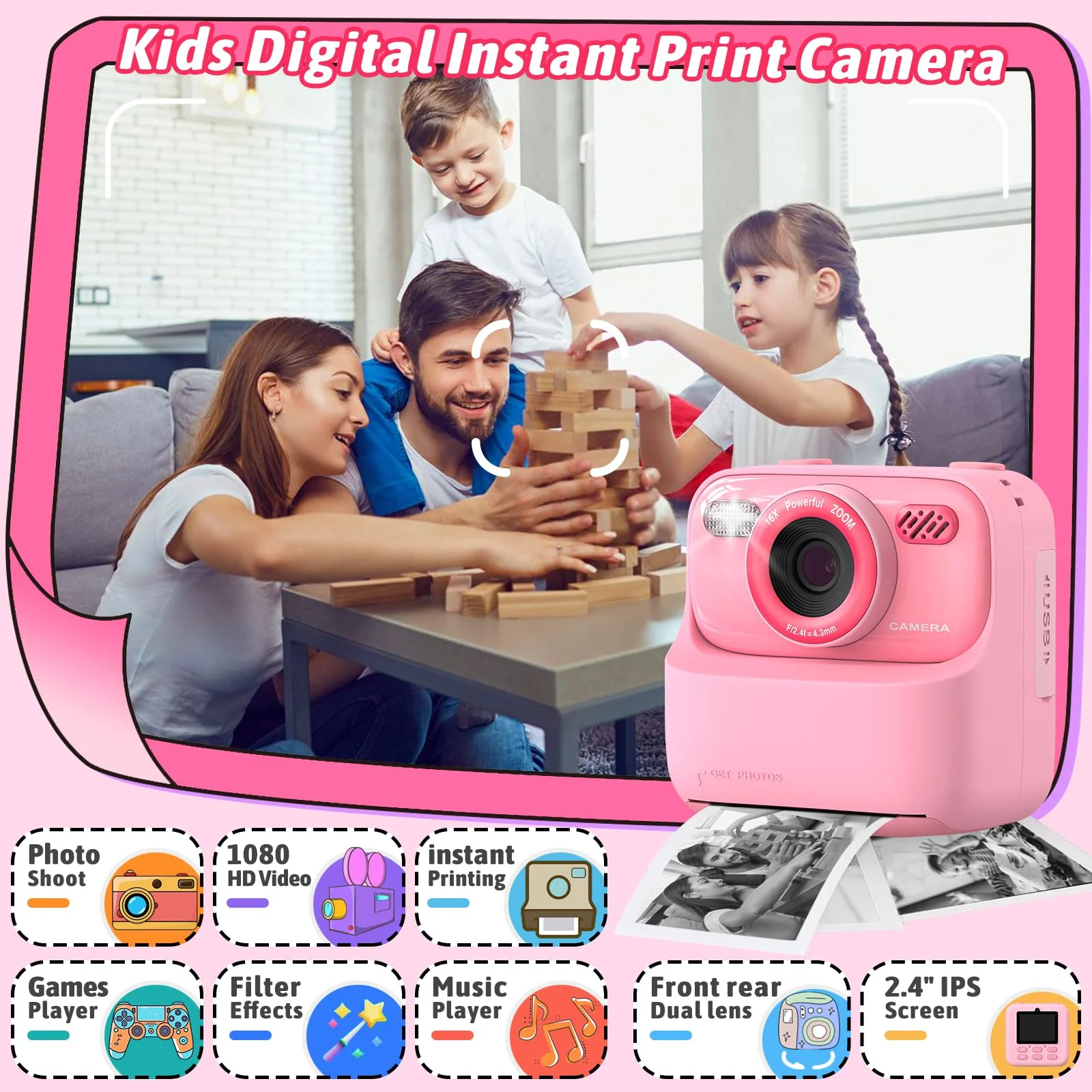 Kids Instant Digital Cameras for Boys and Girls, 1080P HD Dual-Lens Selfie Digital Camera with Print Paper & 32G Card, Christmas Birthday Gifts Toys for Toddler and Teenagers Age 3-16 Years Old - Image 8