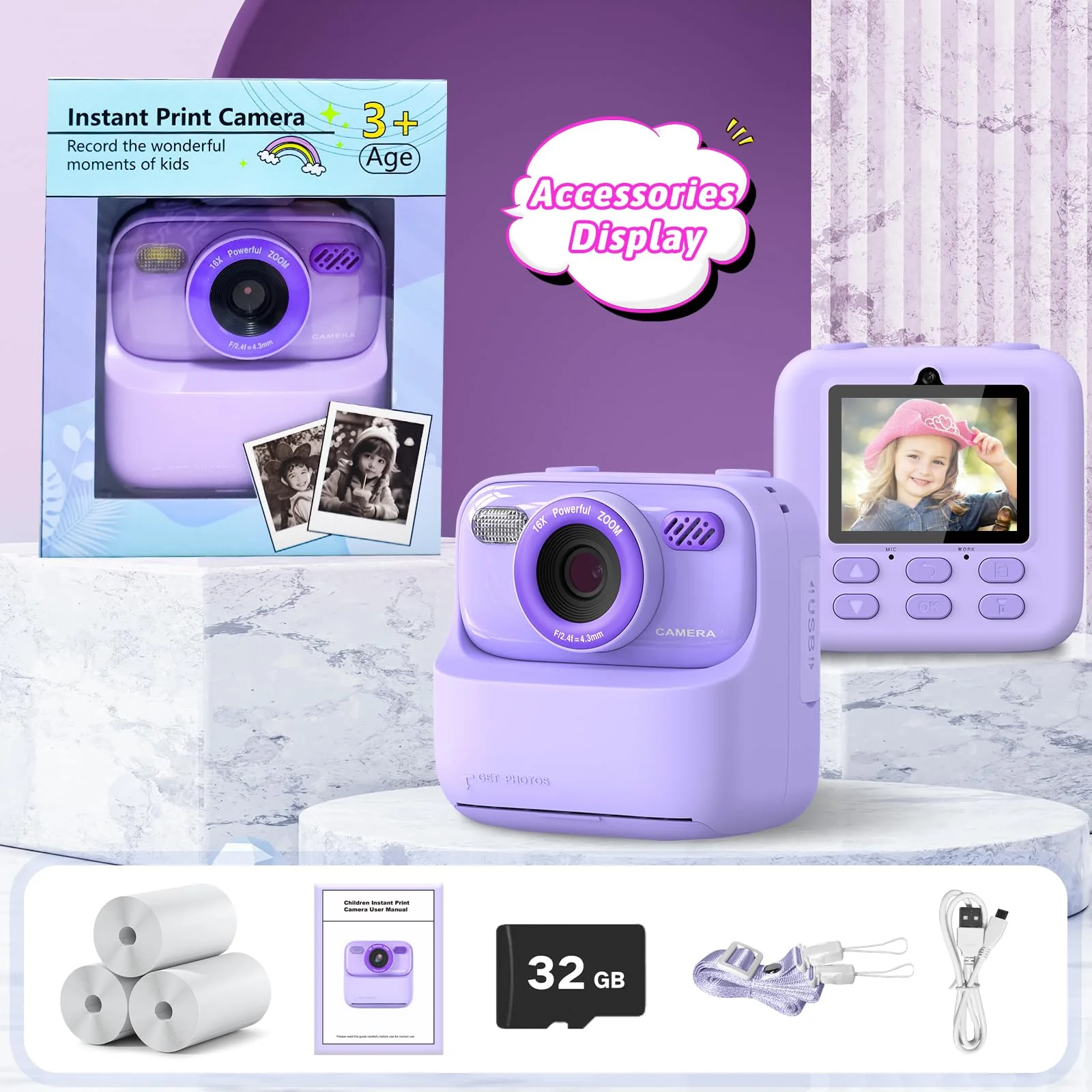 Kids Instant Digital Cameras for Boys and Girls, 1080P HD Dual-Lens Selfie Digital Camera with Print Paper & 32G Card, Christmas Birthday Gifts Toys for Toddler and Teenagers Age 3-16 Years Old - Image 6
