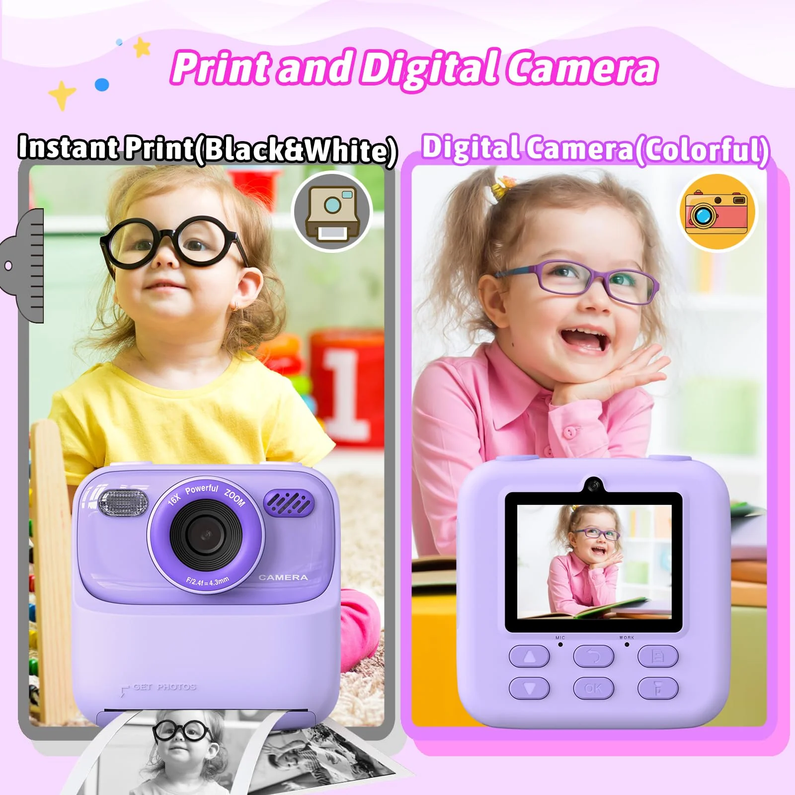 Kids Instant Digital Cameras for Boys and Girls, 1080P HD Dual-Lens Selfie Digital Camera with Print Paper & 32G Card, Christmas Birthday Gifts Toys for Toddler and Teenagers Age 3-16 Years Old - Image 9