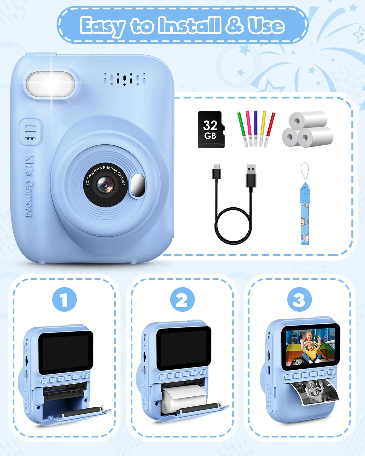 Kids Instant Print Camera, 3.0-inch HD Screen 32MP Photo Instant Digital Camera Christmas Birthday Gifts Toys for Children Girls Boys Age 3-12 - Blue - Image 2