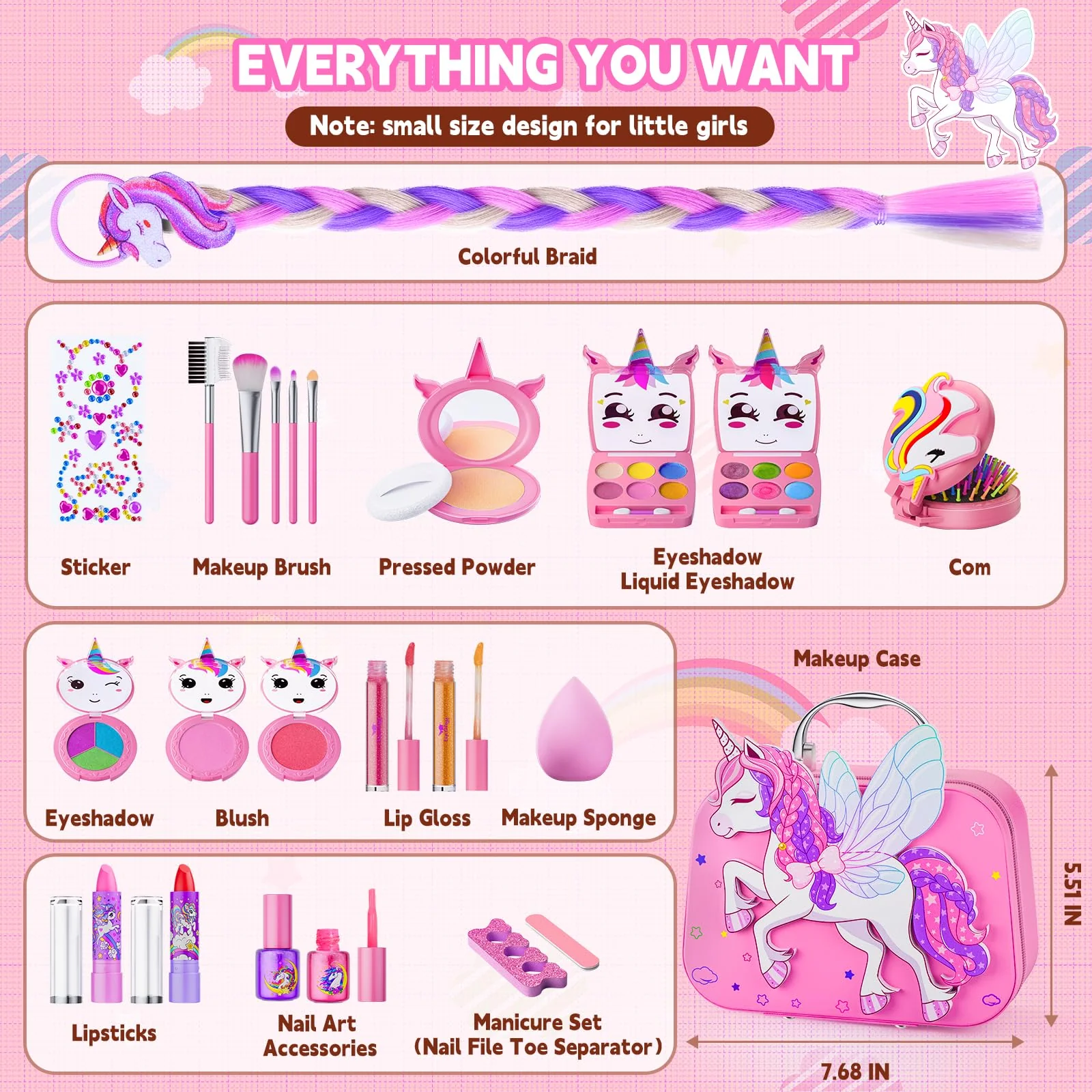Kids Makeup Kit for Girl - Girls Makeup Kit Toys with Flying Horse Storage Case, Kids Play Makeup Set for Christmas Birthday Gift 3 4 5 6 8 10 11 12+ Years Old - Image 3