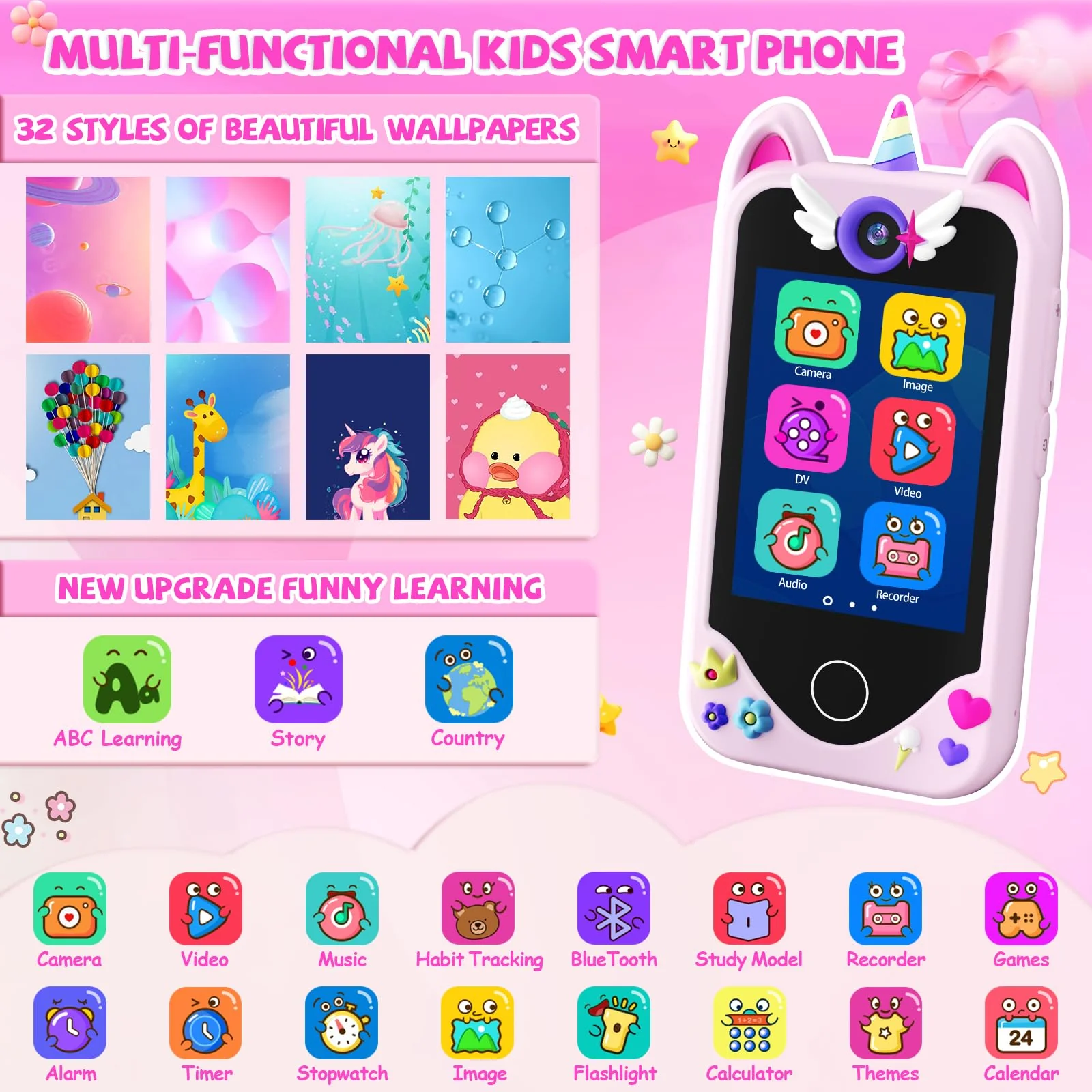 Kids Smart Phone for Girls Gifts - Toddler Christmas Birthday Gift for Age 3 4 5 6 Year Old, Kids Cell Phone Toy with Touchscreen, Dual Cameras, Learning, Kid Mp3 Player, Games with 32 GB Card - Image 7