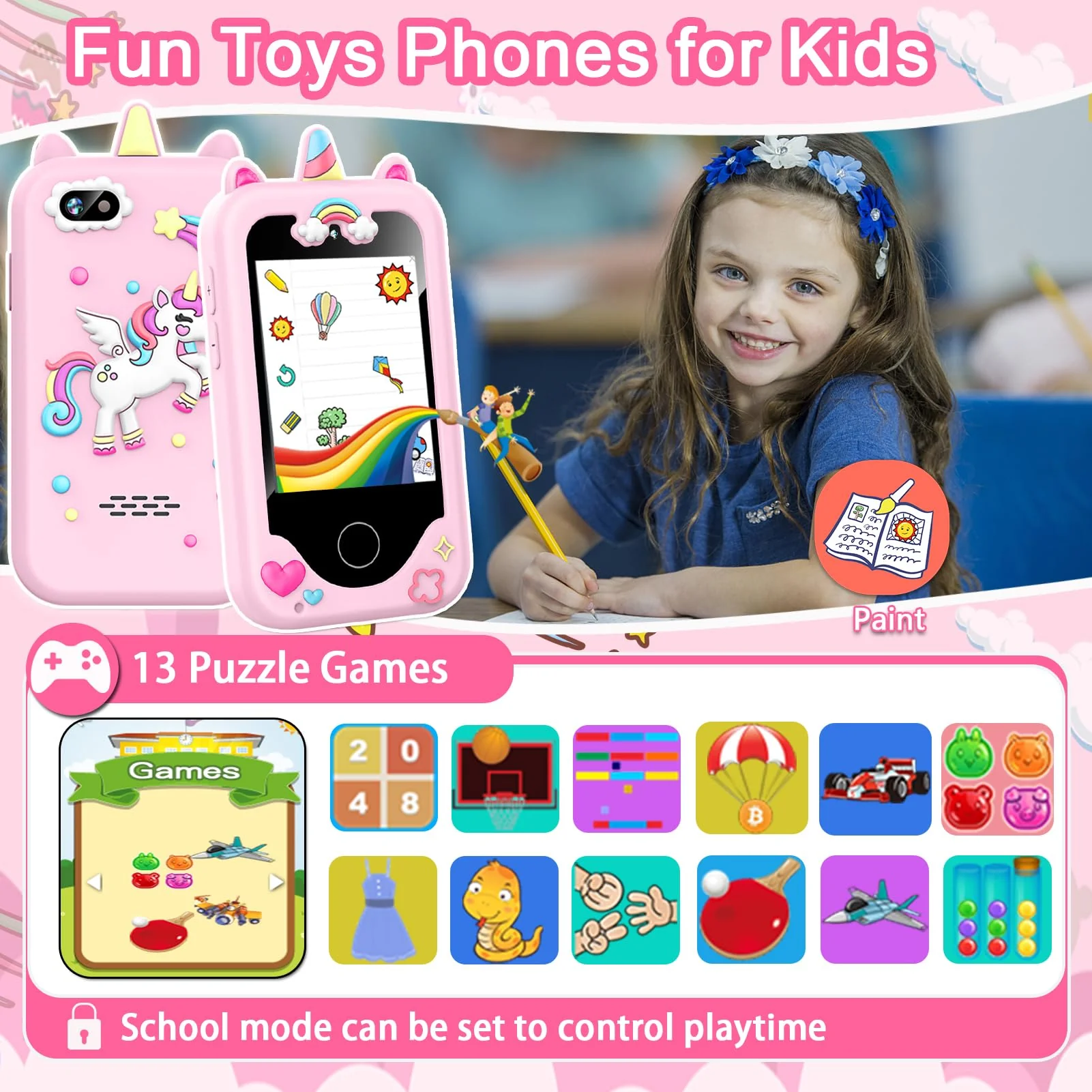 Kids Smart Phone for Girls Toys, Gifts for 3-10 Year Old Girl Boy Christmas Birthday Kids Toys, 2.8" Touchscreen Toddler Learning Cell Toy Phone with Dual Camera, Game, Music Player, 8GB Card Pink - Image 4