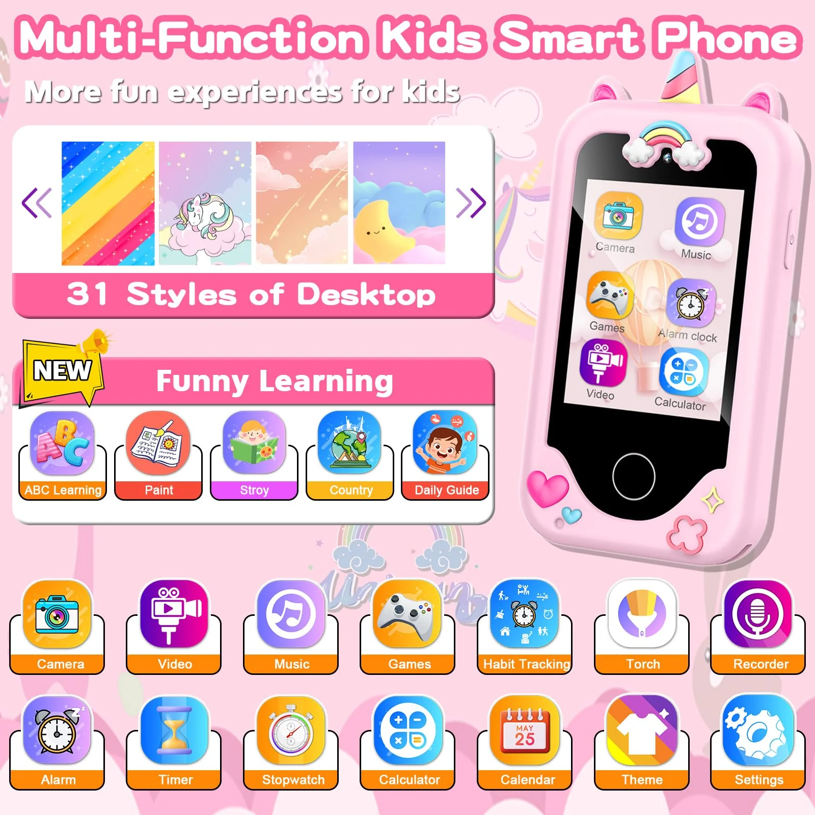 Kids Smart Phone for Girls Toys, Gifts for 3-10 Year Old Girl Boy Christmas Birthday Kids Toys, 2.8" Touchscreen Toddler Learning Cell Toy Phone with Dual Camera, Game, Music Player, 8GB Card Pink - Image 7