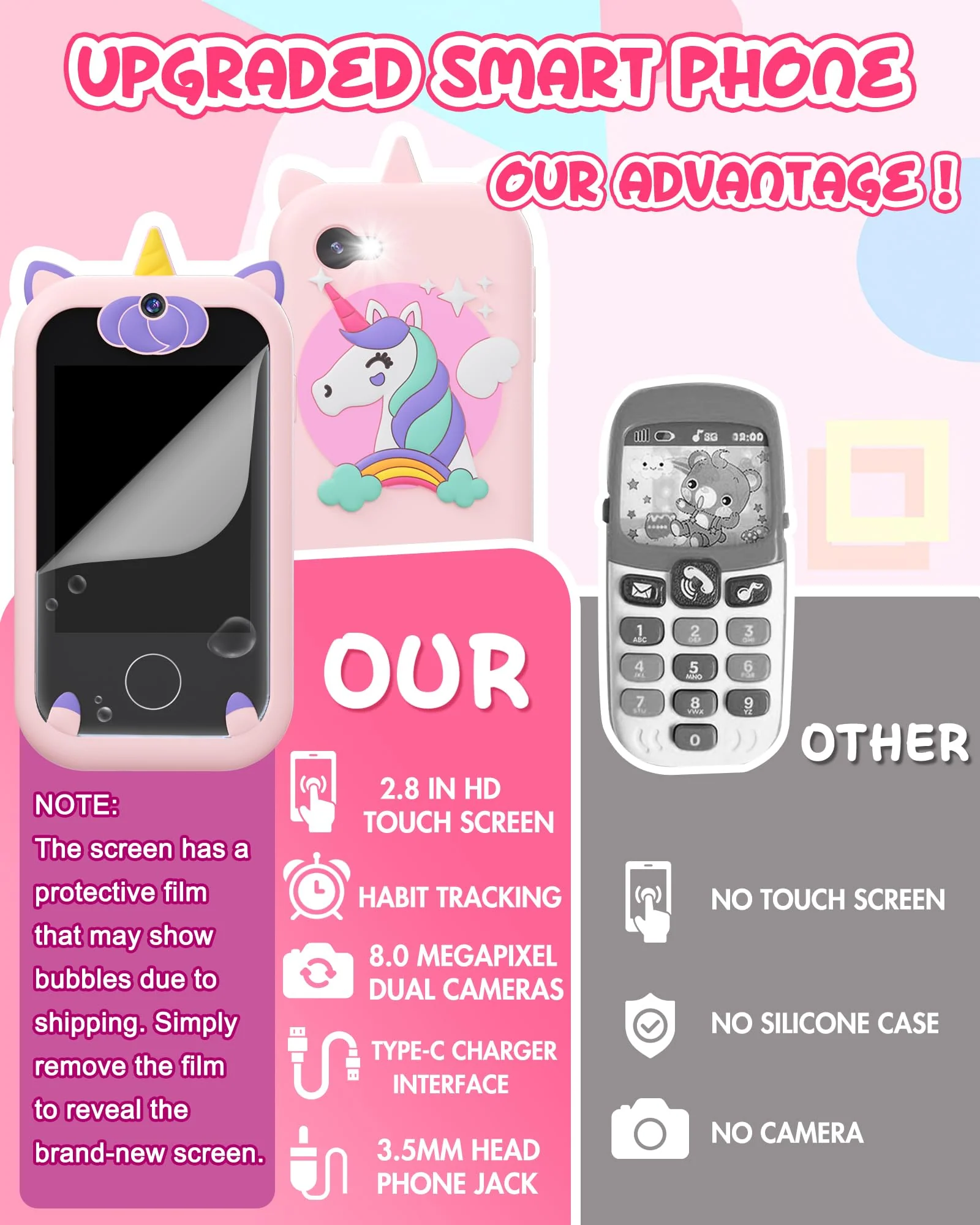 Kids Smart Phone for Girls Unicorns Gifts for Girls Toys 8-10 Years Old Phone Touchscreen Learning Toy Christmas Birthday Gifts for 3 4 5 6 7 8 9 Year Old with 8G Memory Card - Image 3