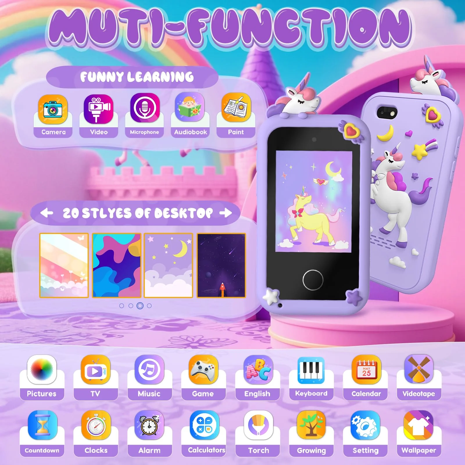 Kids Smart Phone Toys for Girls,Christmas Birthday Gifts for Girls Age 3-10 Kids Cell Phone Toys with 2.8" Touchscreen 20 Learning Games Dual Camera Music Player, 8G SD Card - Image 7