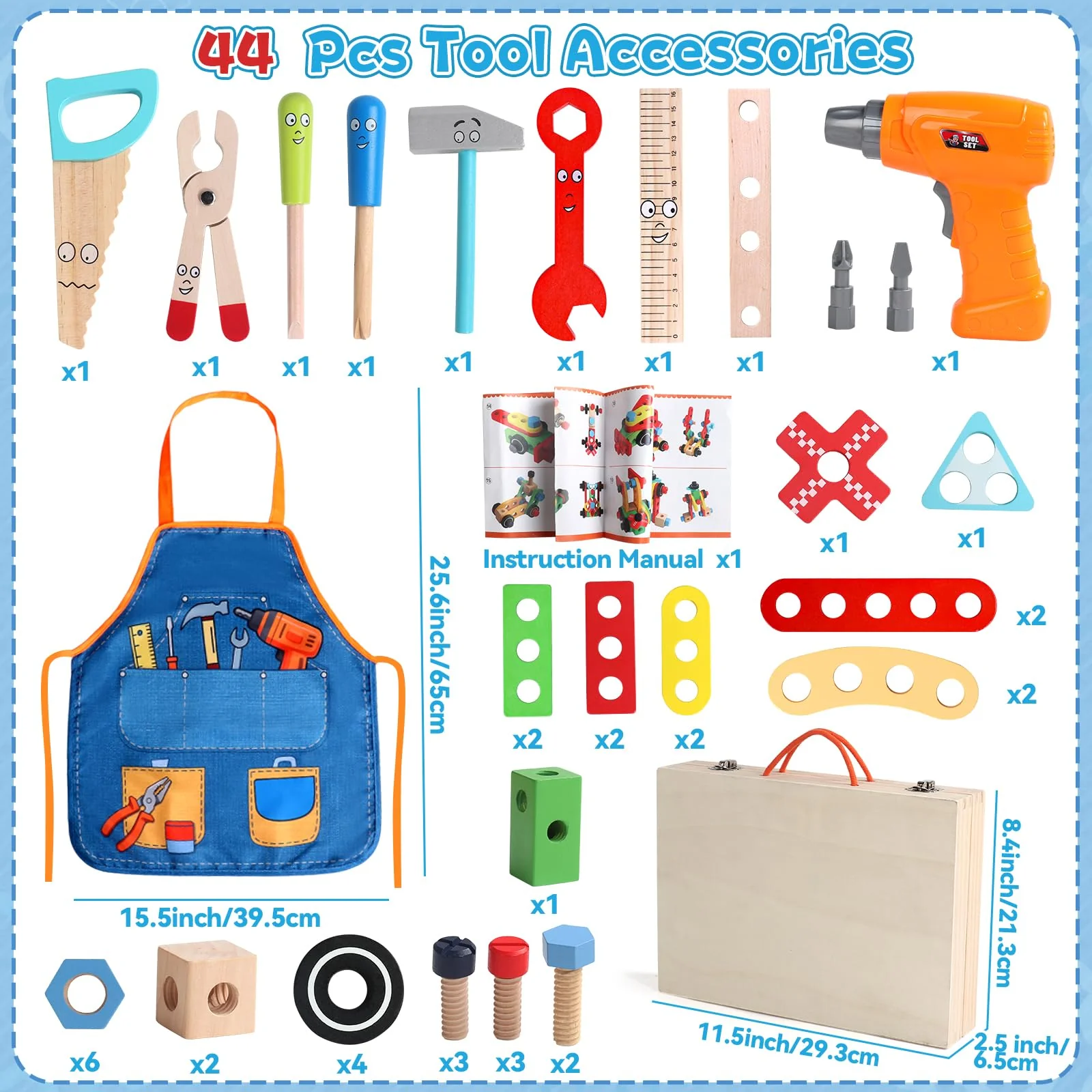 Kids Tool Set with Drill, Educational Montessori Toys for 3 Year Old Boys 44 Pcs STEM Kids Toys Wooden Toddler Tool Set with Apron & Box Christmas Birthday Gifts for 3 4 5 Year Old Boy Girl - Image 8