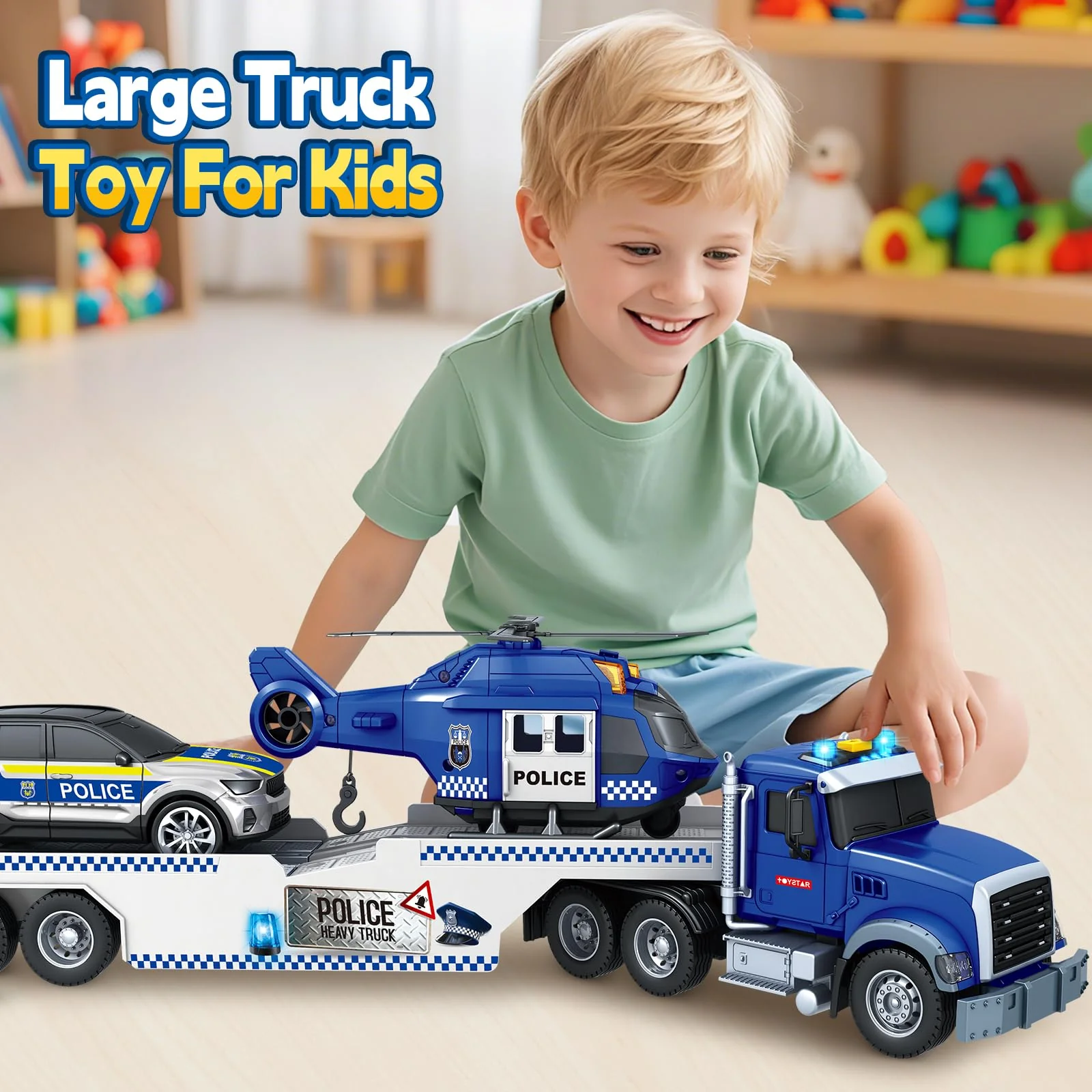 Kids Toys for 3 4 5 6 7 8 Years Old Boys, 20.5" Police Truck Toy with Racing Car and Helicopter, Toddler Friction Powered Truck Vehicle Toy with Lights, Sounds for Boys Girls Christmas Birthday Gifts - Image 2