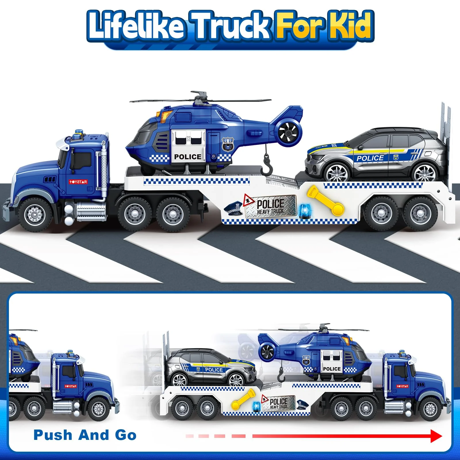 Kids Toys for 3 4 5 6 7 8 Years Old Boys, 20.5" Police Truck Toy with Racing Car and Helicopter, Toddler Friction Powered Truck Vehicle Toy with Lights, Sounds for Boys Girls Christmas Birthday Gifts - Image 3