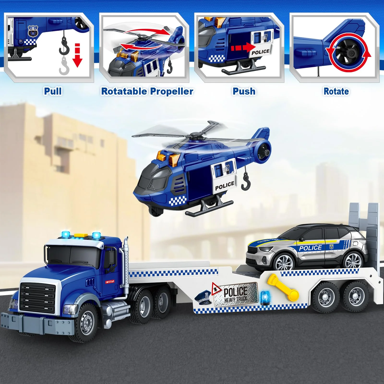 Kids Toys for 3 4 5 6 7 8 Years Old Boys, 20.5" Police Truck Toy with Racing Car and Helicopter, Toddler Friction Powered Truck Vehicle Toy with Lights, Sounds for Boys Girls Christmas Birthday Gifts - Image 5