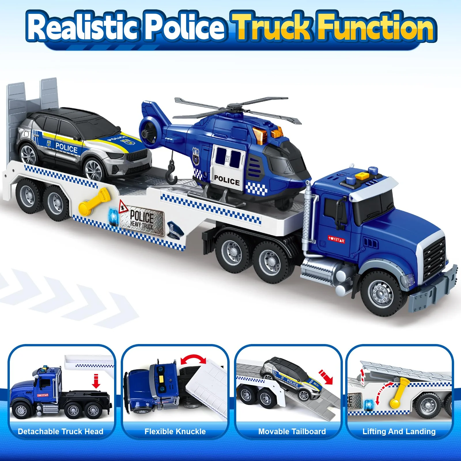 Kids Toys for 3 4 5 6 7 8 Years Old Boys, 20.5" Police Truck Toy with Racing Car and Helicopter, Toddler Friction Powered Truck Vehicle Toy with Lights, Sounds for Boys Girls Christmas Birthday Gifts - Image 6
