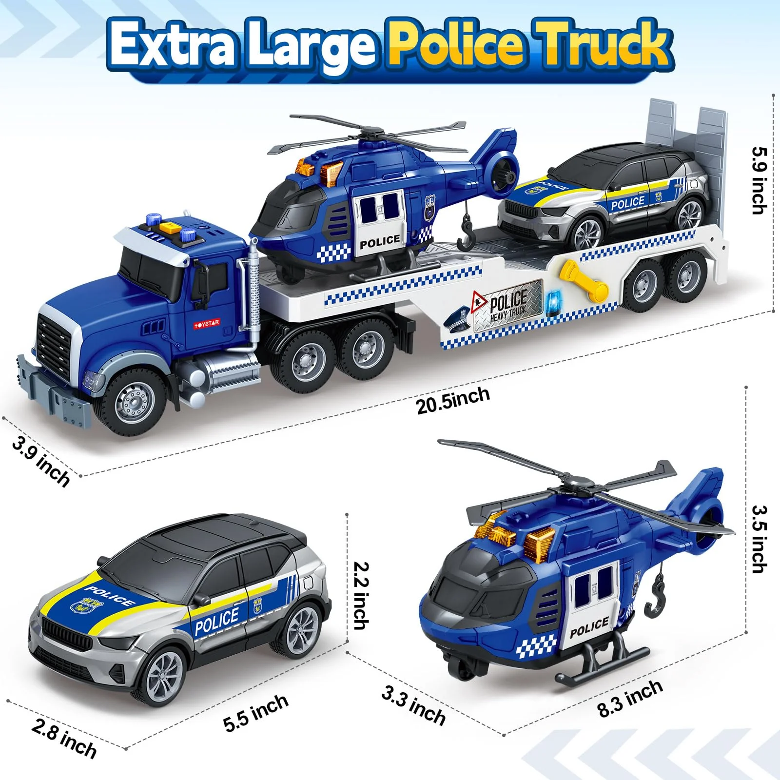 Kids Toys for 3 4 5 6 7 8 Years Old Boys, 20.5" Police Truck Toy with Racing Car and Helicopter, Toddler Friction Powered Truck Vehicle Toy with Lights, Sounds for Boys Girls Christmas Birthday Gifts - Image 7