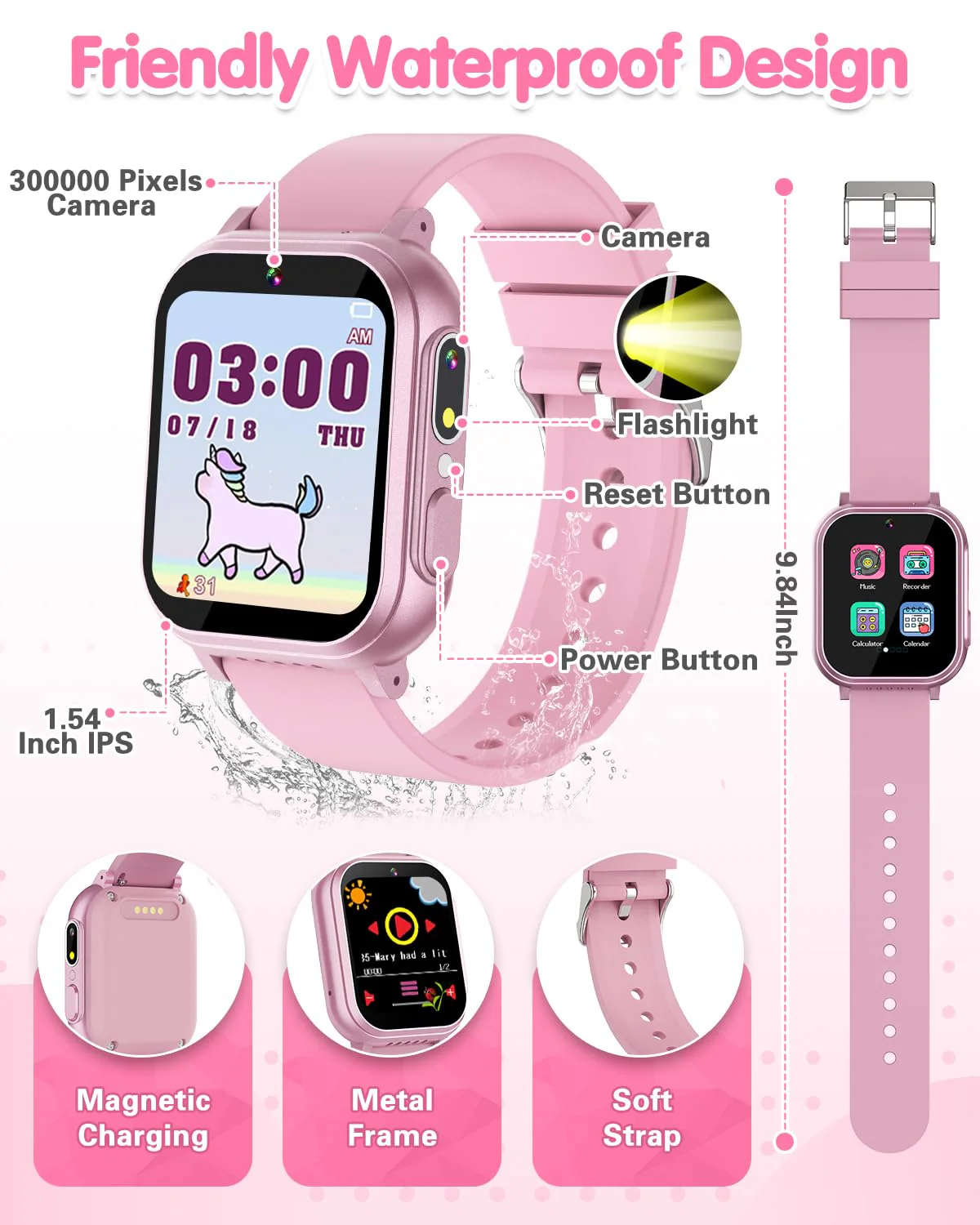 Kids Waterproof Smart Watch Girls Toys Age 6-8, Kids Watch with 32 Games Dual Camera HD TouchScreen Music Habit Tracking Alarm Pedometer Christmas Birthday Gifts Ideas for Girls 3-12 Year Old(Pink) - Image 2