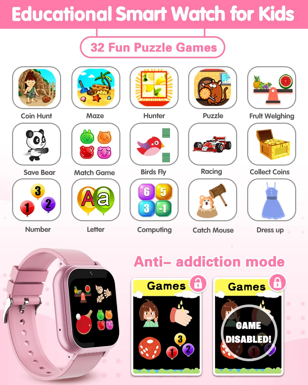 Kids Waterproof Smart Watch Girls Toys Age 6-8, Kids Watch with 32 Games Dual Camera HD TouchScreen Music Habit Tracking Alarm Pedometer Christmas Birthday Gifts Ideas for Girls 3-12 Year Old(Pink) - Image 6