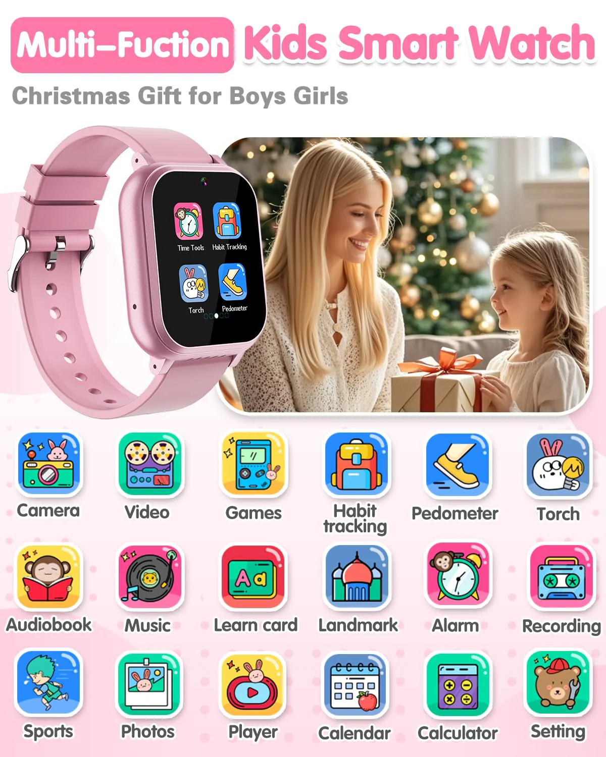 Kids Waterproof Smart Watch Girls Toys Age 6-8, Kids Watch with 32 Games Dual Camera HD TouchScreen Music Habit Tracking Alarm Pedometer Christmas Birthday Gifts Ideas for Girls 3-12 Year Old(Pink) - Image 8