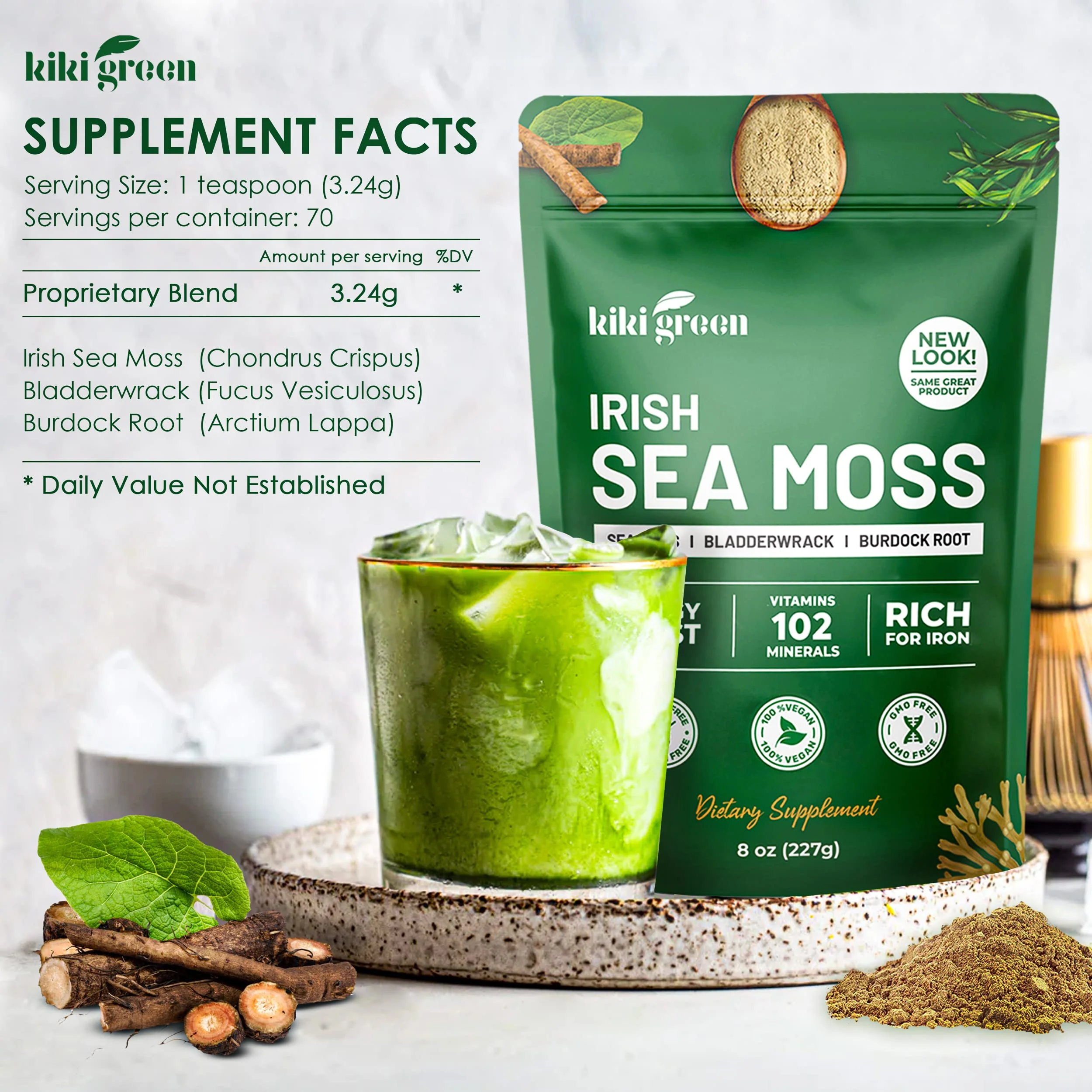 KIKI Green Irish Sea Moss Powder 8 Oz - with Bladderwrack Burdock Root Extract for Immune Support - Keto, Vegan Supplement - Image 6