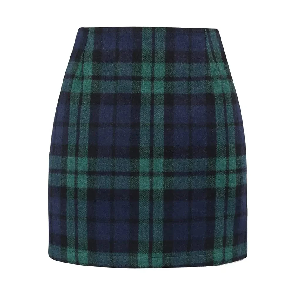 Kinghua Green Plaid Skirt Christmas Dresses for Women 2025 Winter Clothes Outfits Wool Tartan Flannel Tweed Mini Skirt (Green, L) - Image 6