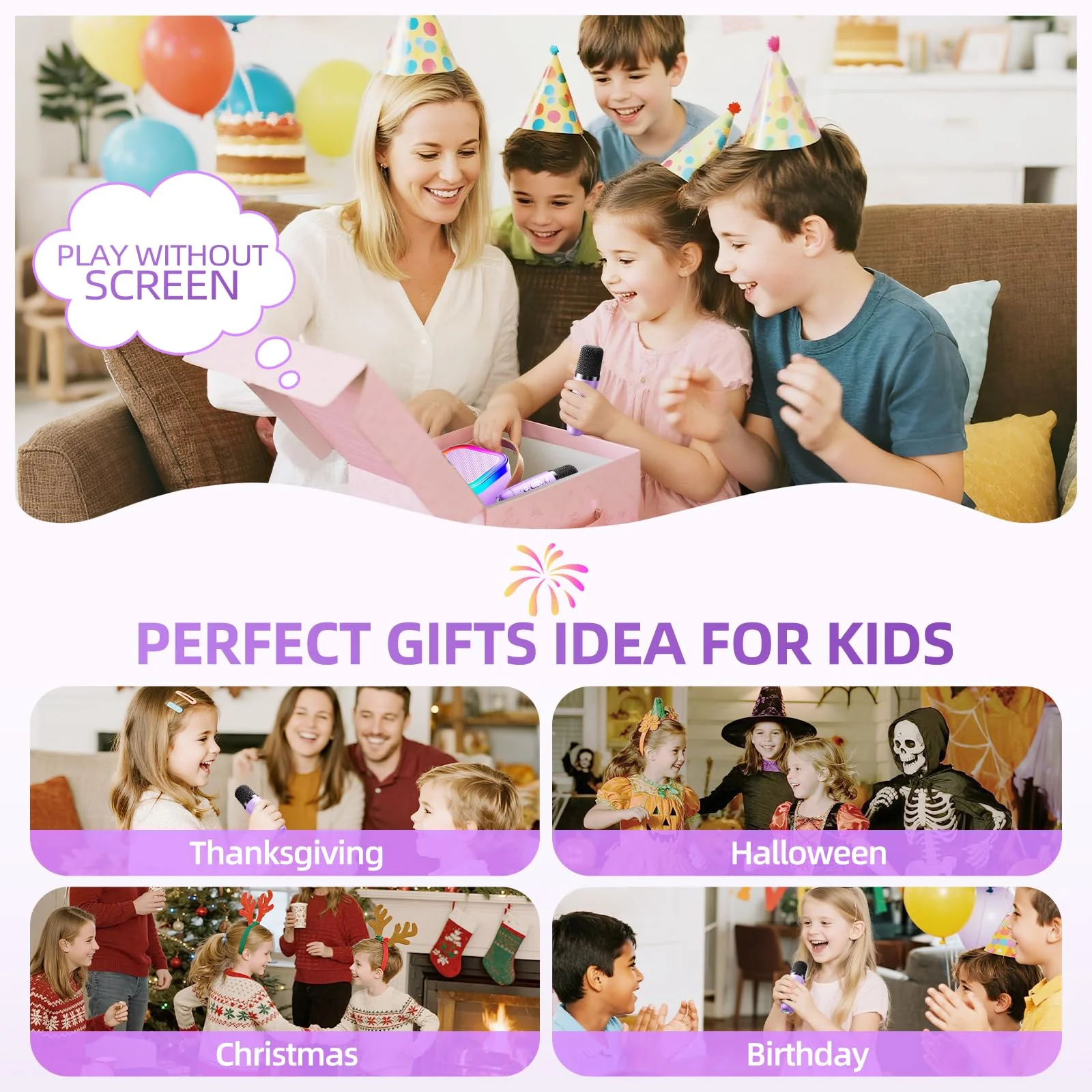 Kinglucky Mini Karaoke Machine for Kids & Girls Age 3–12, 2025 Top Christmas & Birthday Gift for 3–12 Year Old Girls, Kids' Personal Video Players Accessories with 2 Wireless Microphones – Purple - Image 7