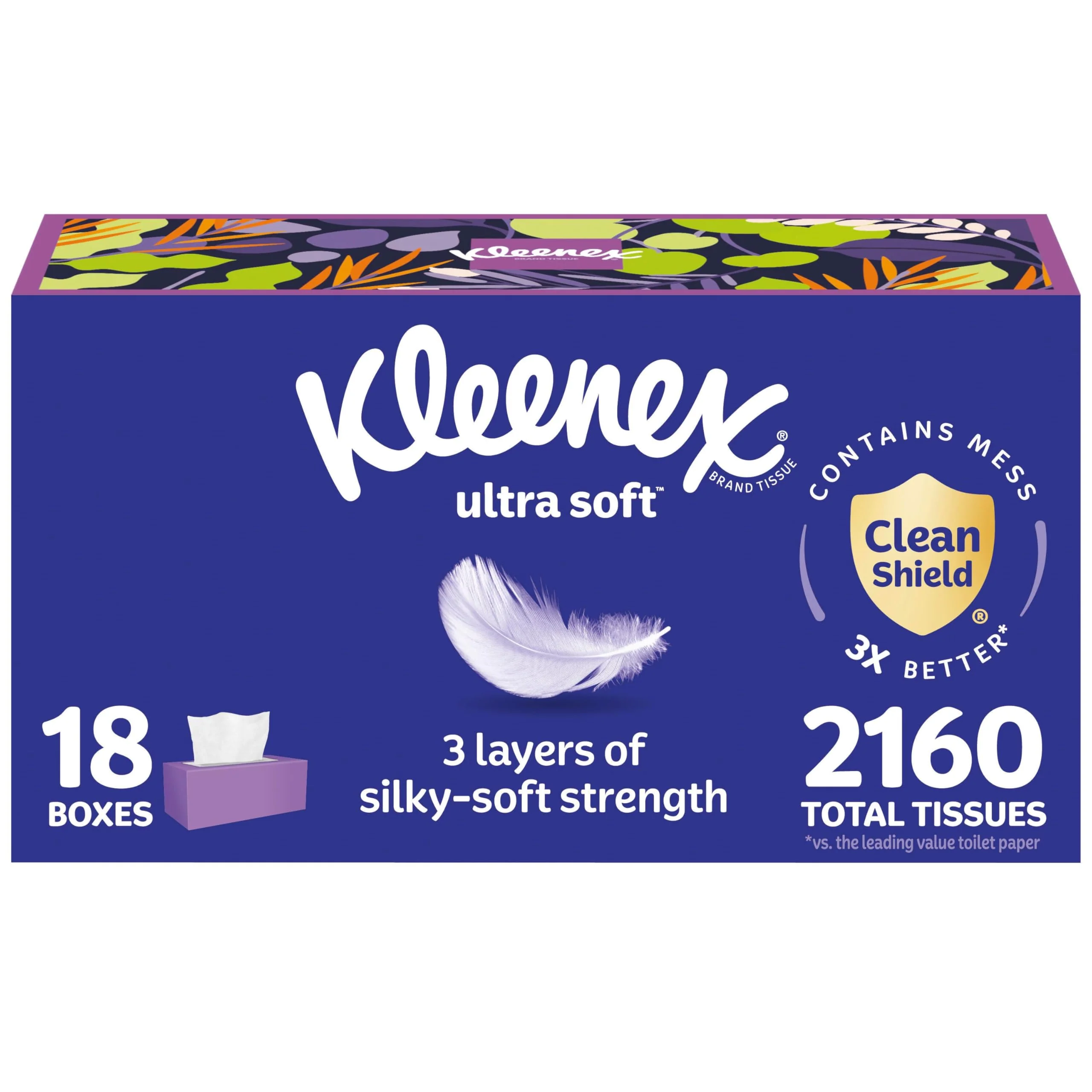 Kleenex Ultra Soft Facial Tissues, 18 Flat Boxes, 120 Tissues per Box, 3-Ply (2,160 Total), Packaging May Vary
