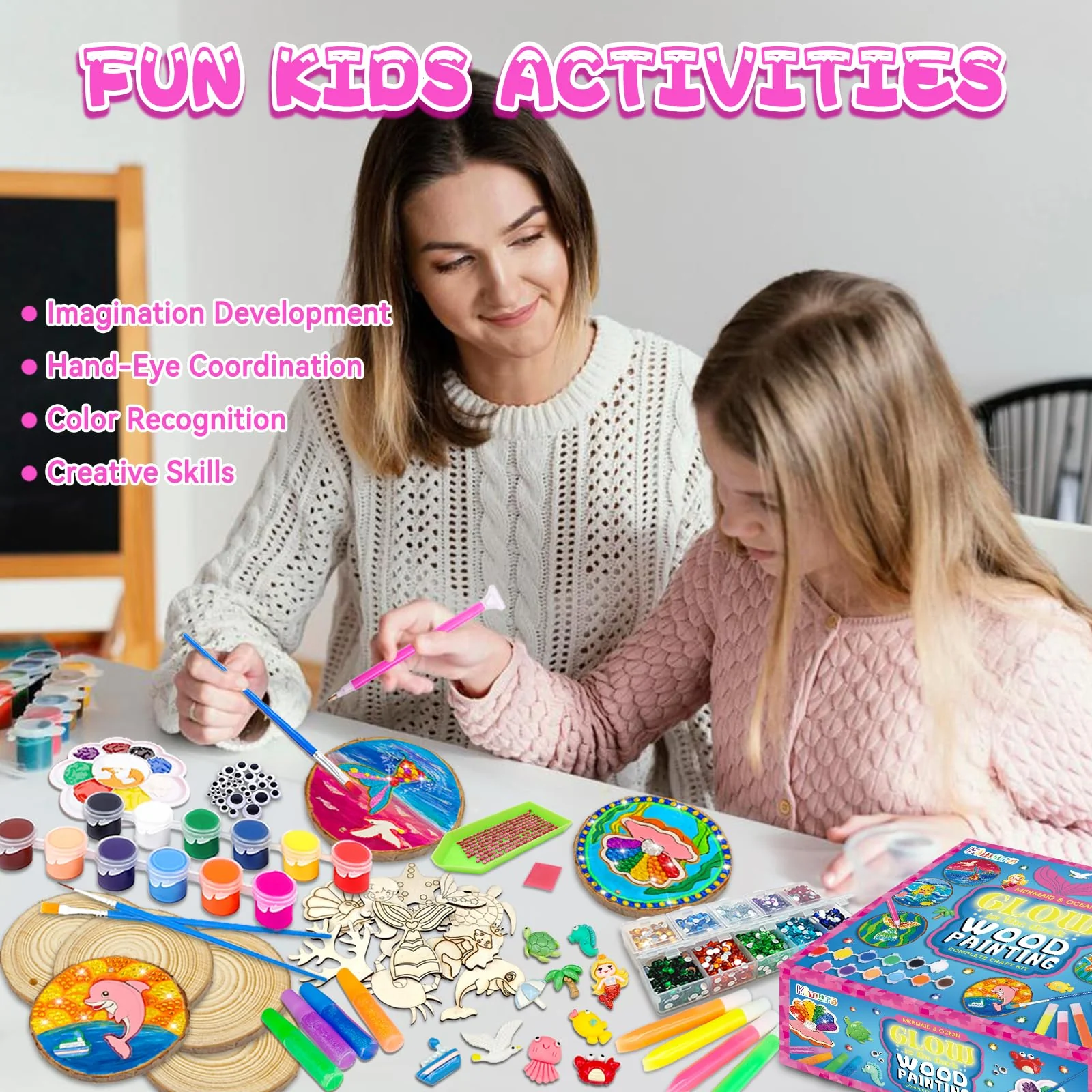 klmars Mermaid Themed Wooden Painting Kit-Glow in The Dark-Arts & Crafts Gifts for Kids Girls Ages 6-12-Wood Slice Craft Activities Kits -Mermaid Art Toys for Kids Christmas Gifts - Image 3