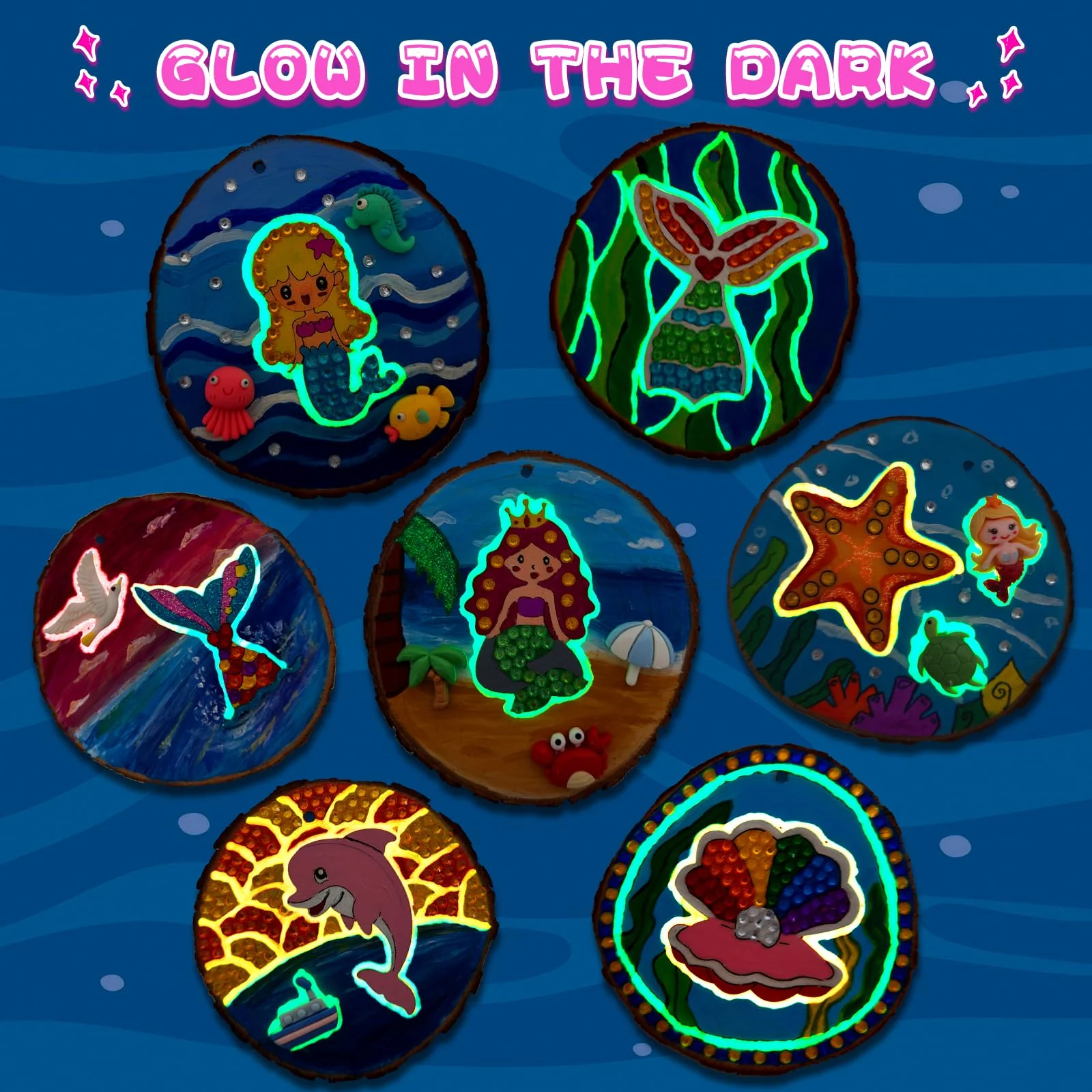 klmars Mermaid Themed Wooden Painting Kit-Glow in The Dark-Arts & Crafts Gifts for Kids Girls Ages 6-12-Wood Slice Craft Activities Kits -Mermaid Art Toys for Kids Christmas Gifts - Image 5