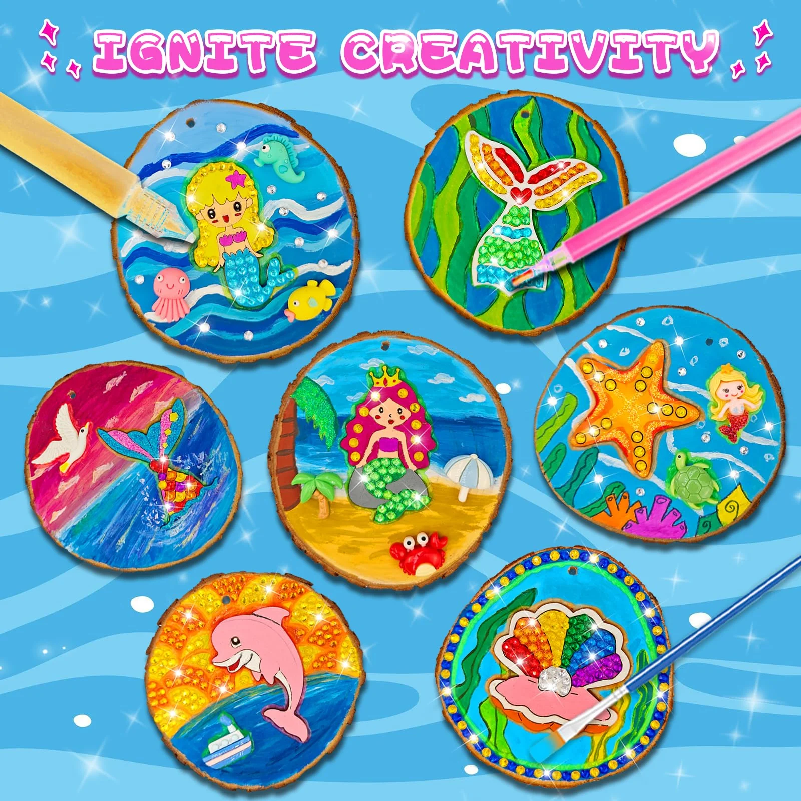 klmars Mermaid Themed Wooden Painting Kit-Glow in The Dark-Arts & Crafts Gifts for Kids Girls Ages 6-12-Wood Slice Craft Activities Kits -Mermaid Art Toys for Kids Christmas Gifts - Image 6