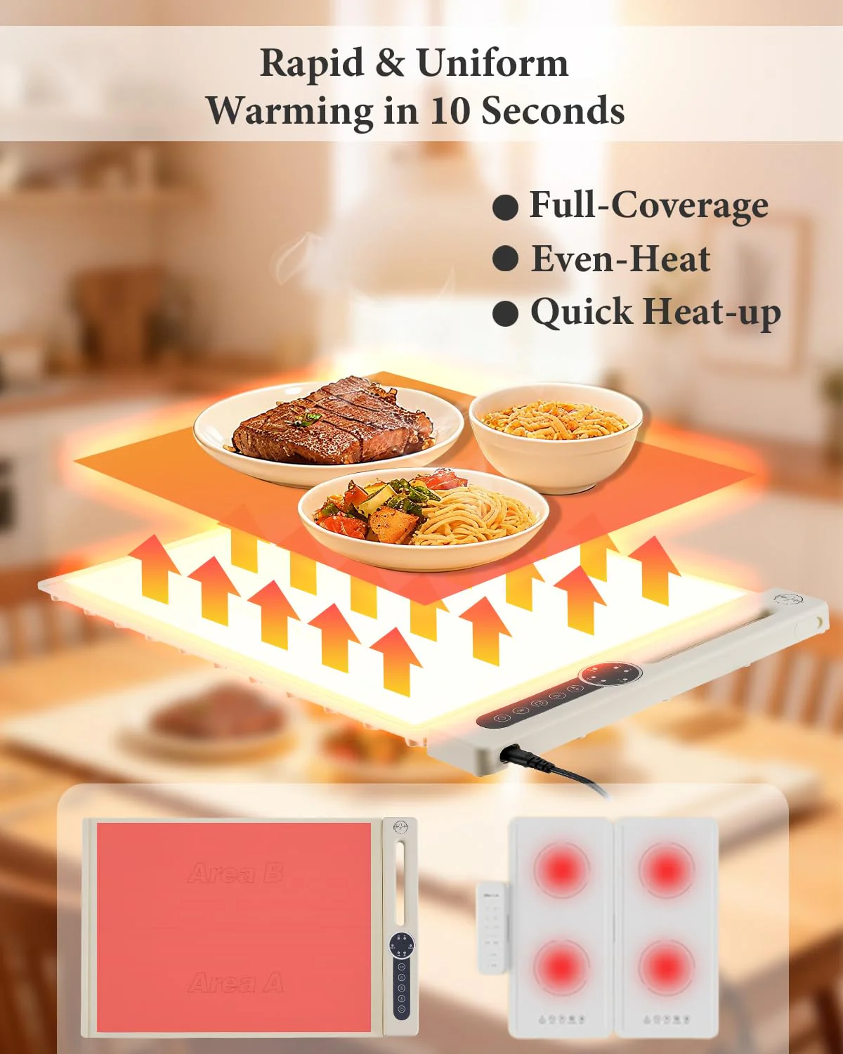 KokoSelene Food Warming Mat, Dual-Zone Heating Mat for Food with 7 Temp & Timer, 10s Fast Heat Flexible Silicone Warmer for Home, Parties, Buffet Serving (Cream-2 PCS) - Image 3