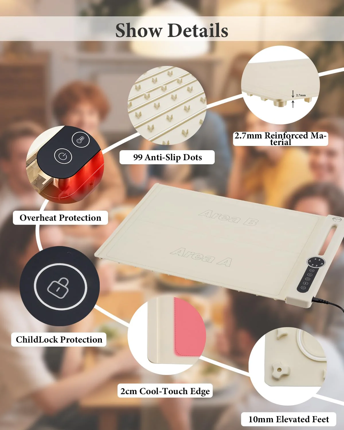 KokoSelene Food Warming Mat, Dual-Zone Heating Mat for Food with 7 Temp & Timer, 10s Fast Heat Flexible Silicone Warmer for Home, Parties, Buffet Serving (Cream-2 PCS) - Image 4