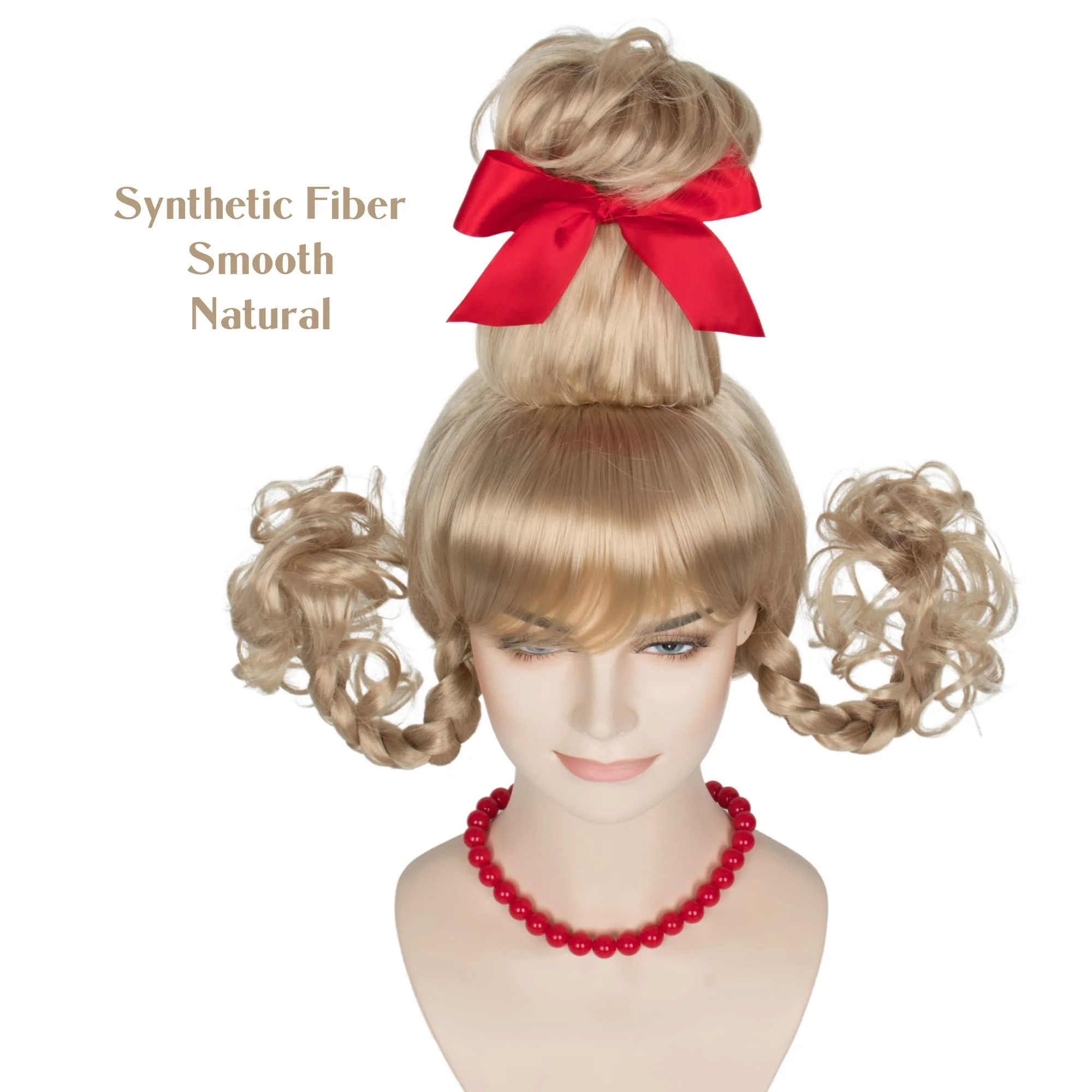 Koonfan Christmas Blonde Wig with Red Bow and Necklace Girls Women Long Braids Christmas Costume Wig Accessory - Image 3