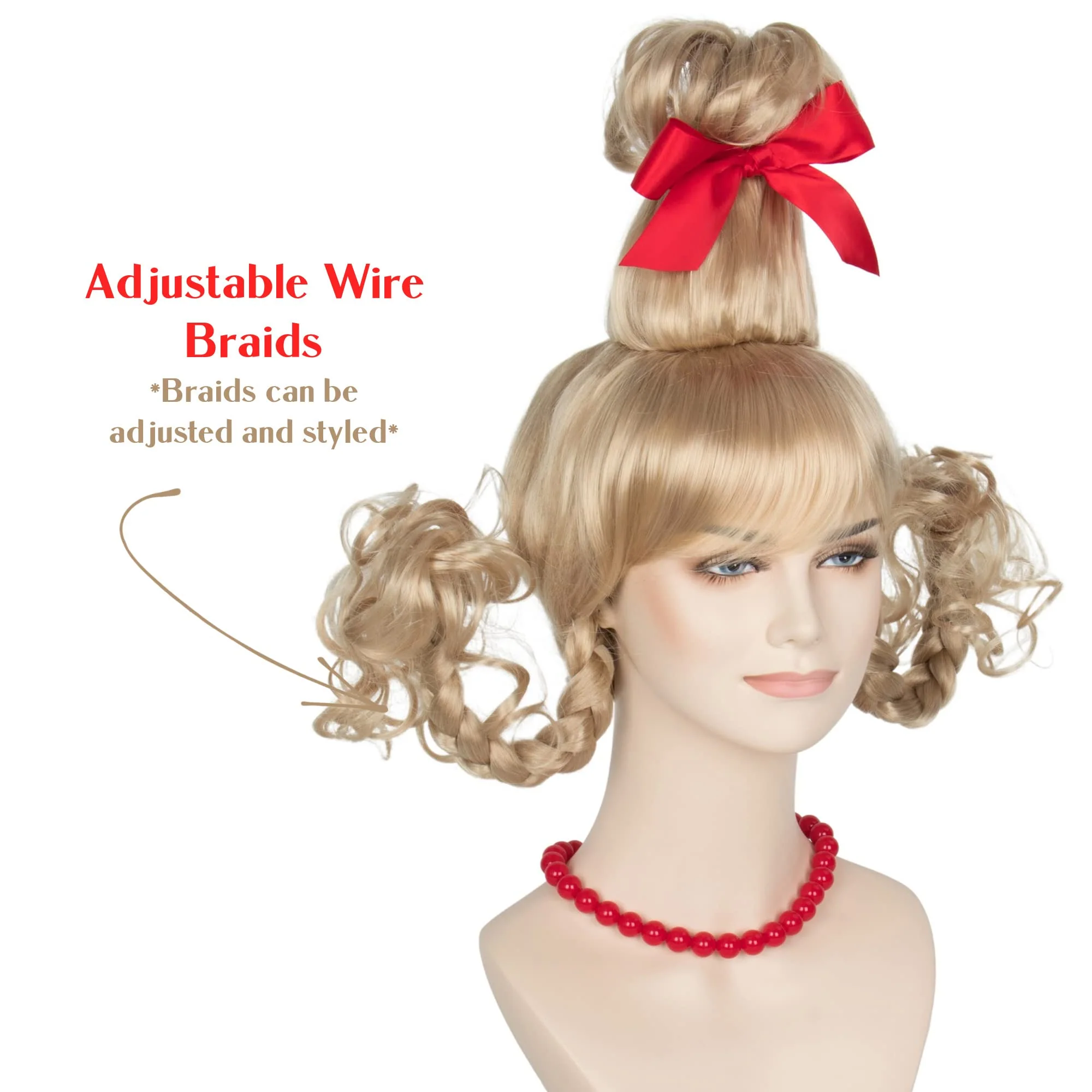 Koonfan Christmas Blonde Wig with Red Bow and Necklace Girls Women Long Braids Christmas Costume Wig Accessory - Image 6