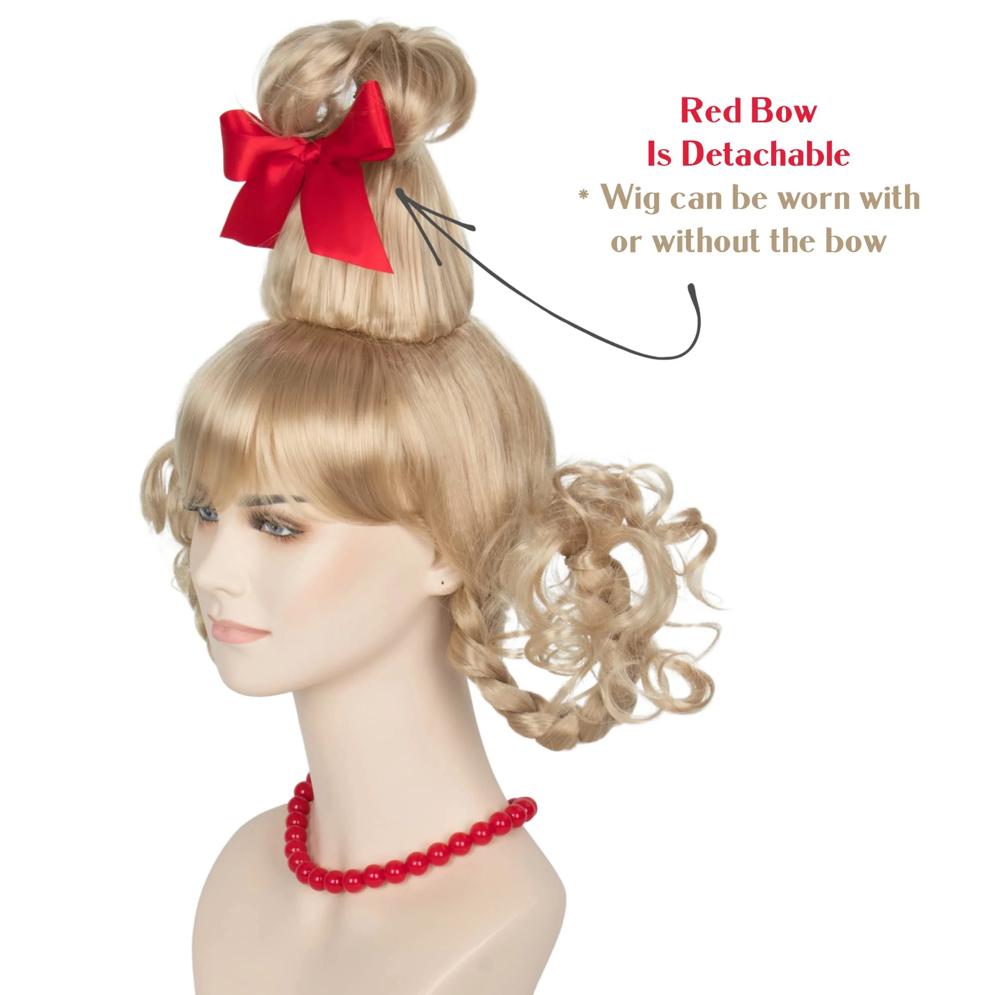 Koonfan Christmas Blonde Wig with Red Bow and Necklace Girls Women Long Braids Christmas Costume Wig Accessory - Image 7