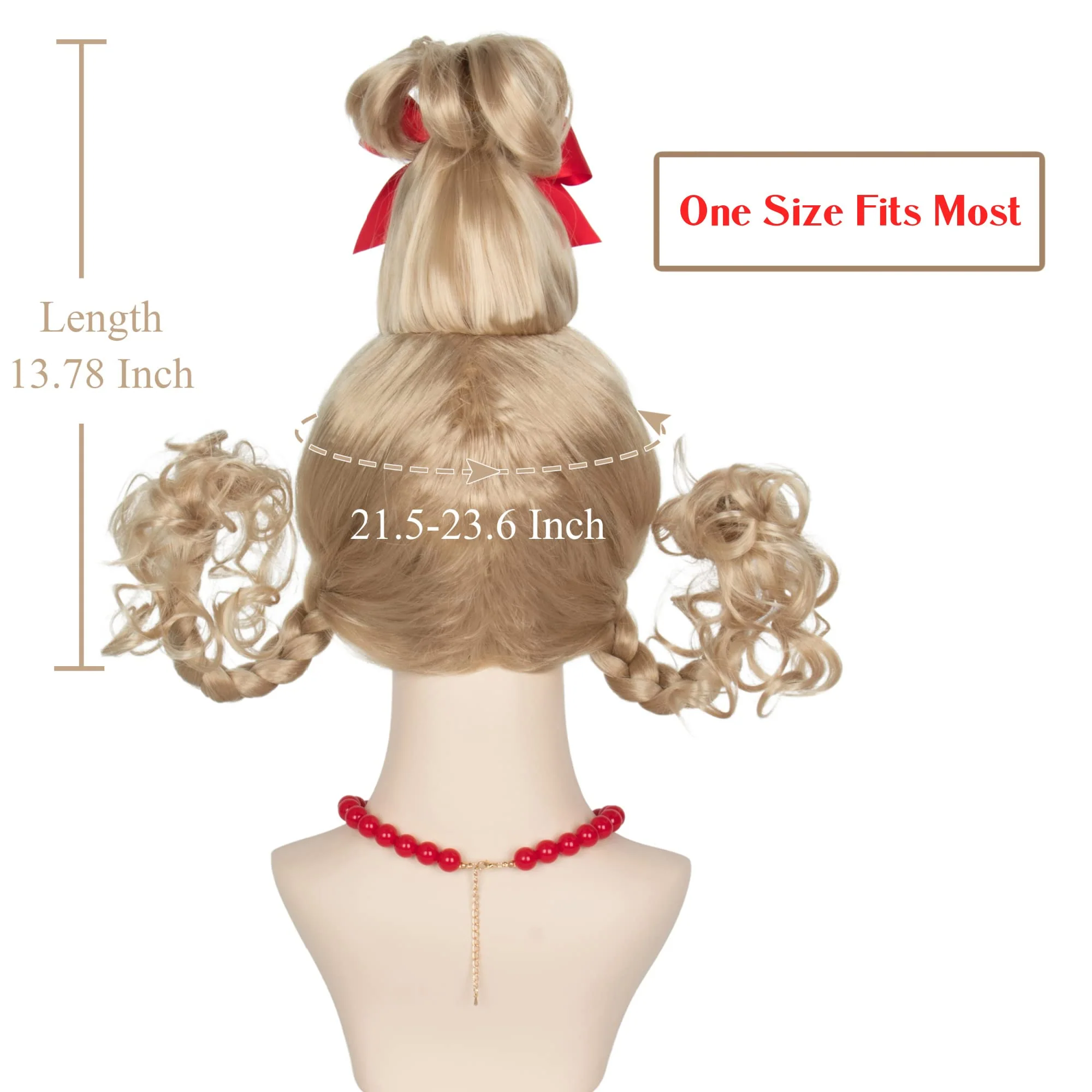 Koonfan Christmas Blonde Wig with Red Bow and Necklace Girls Women Long Braids Christmas Costume Wig Accessory - Image 8
