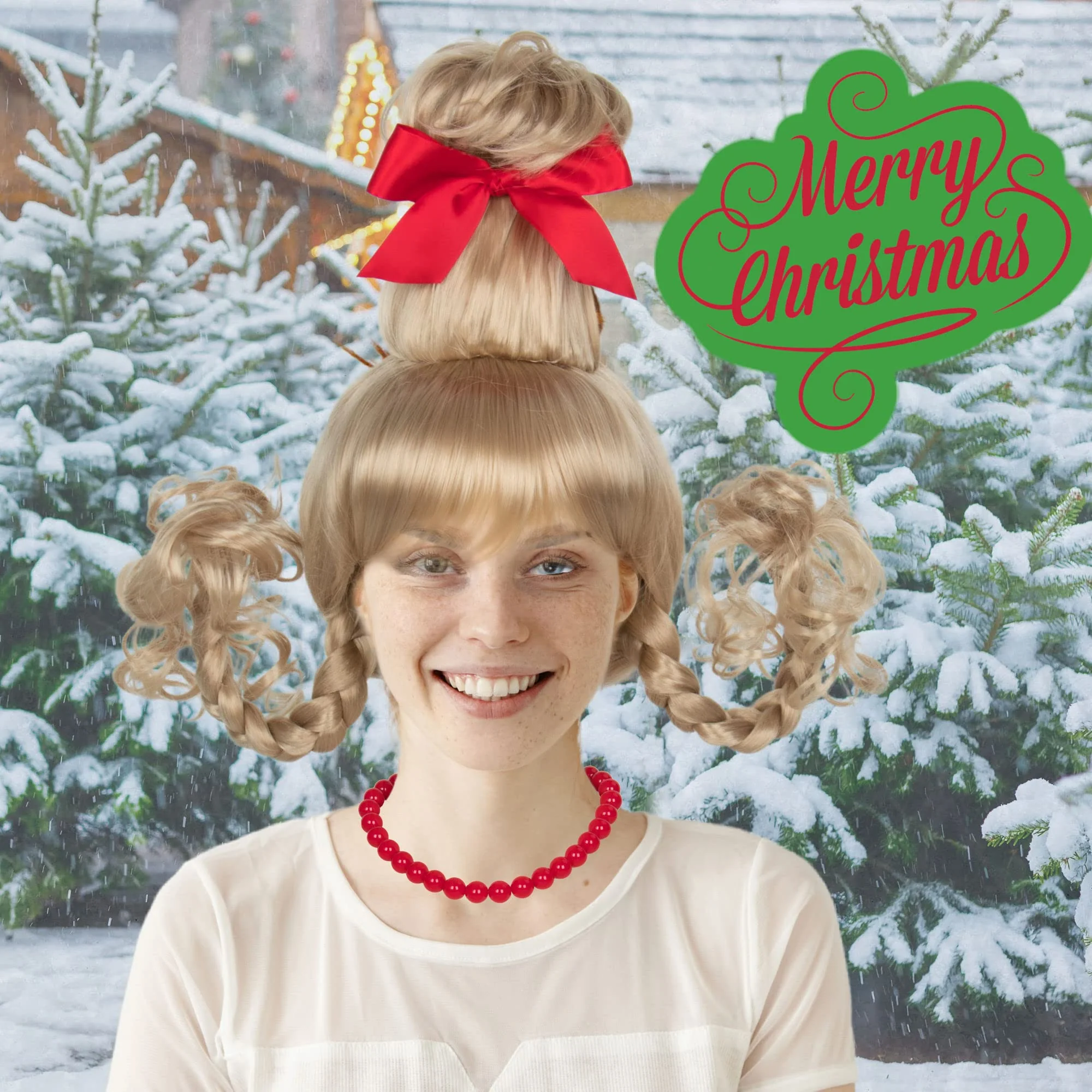 Koonfan Christmas Blonde Wig with Red Bow and Necklace Girls Women Long Braids Christmas Costume Wig Accessory - Image 9