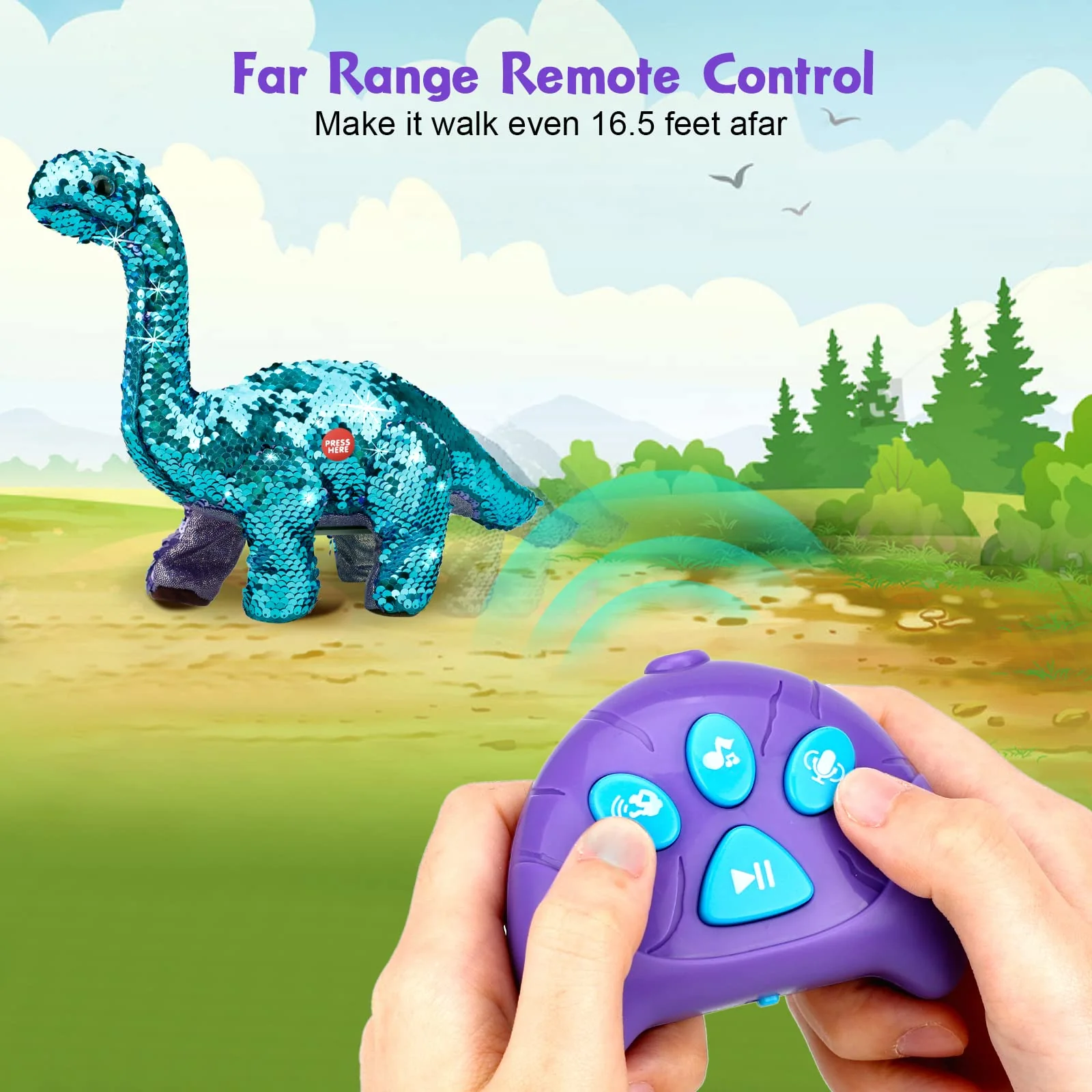 Koonie Sequins Dinosaur for Girls, 2 Year Old Girl Gifts, Purple Dinosaur Remote Control Reversible Sequins Dinosaur Can Repeat Walk Roar Sing, Christmas Birthday Gifts for 2-7 Years Old Kids Toddler - Image 3