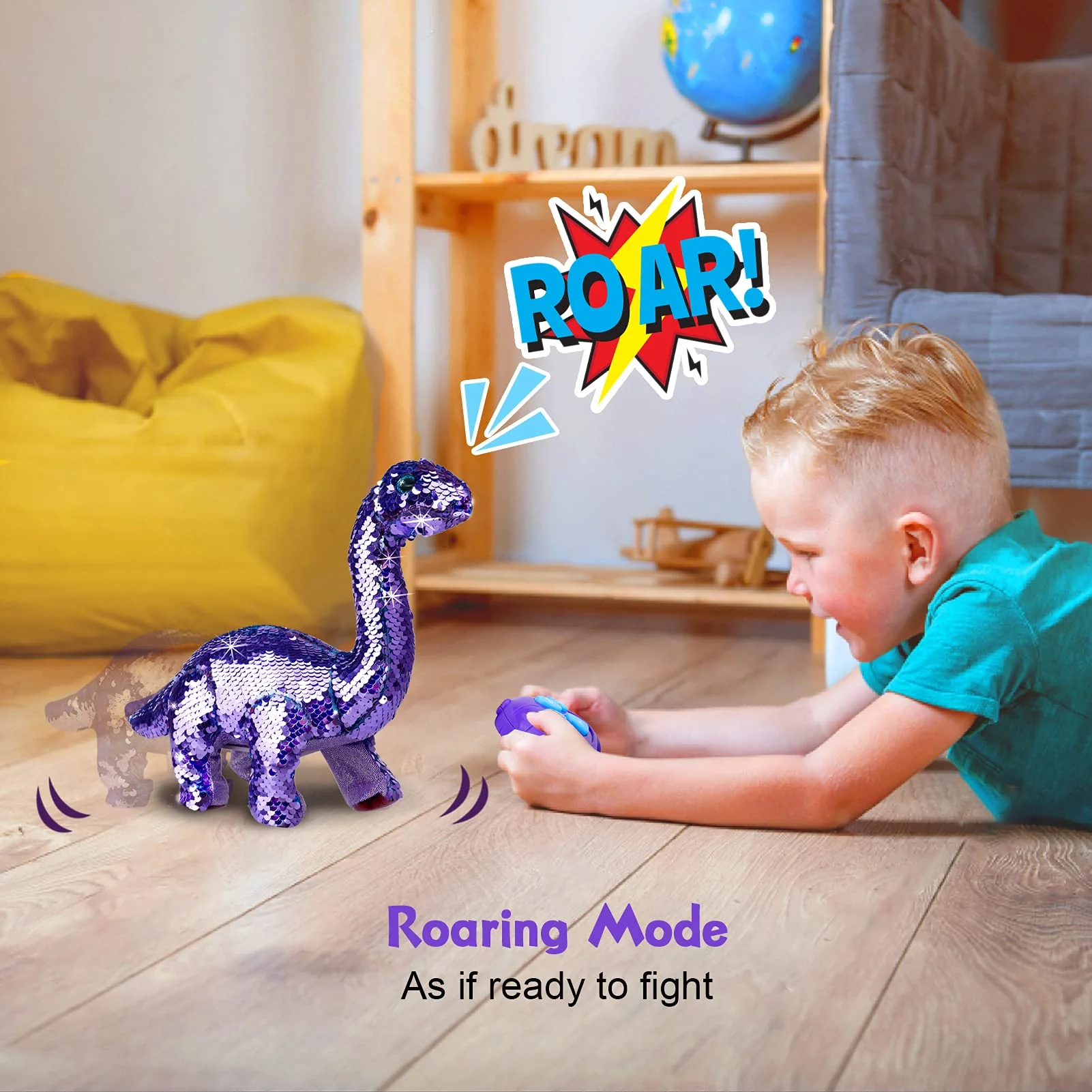 Koonie Sequins Dinosaur for Girls, 2 Year Old Girl Gifts, Purple Dinosaur Remote Control Reversible Sequins Dinosaur Can Repeat Walk Roar Sing, Christmas Birthday Gifts for 2-7 Years Old Kids Toddler - Image 5