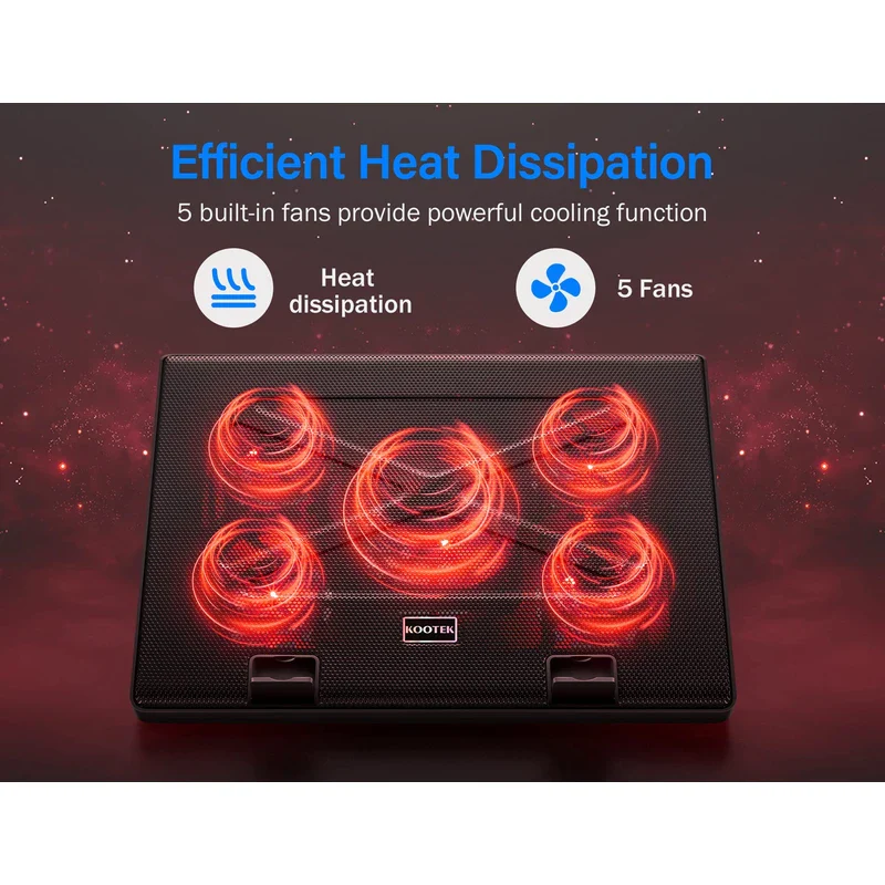Kootek Laptop Cooling Pad 12"-17" Cooler Pad Chill Mat 5 Quiet Fans LED Lights and 2 USB 2.0 Ports Adjustable Mounts Laptop Stand Height Angle, Red - Image 2