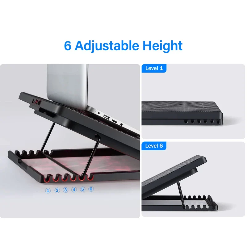 Kootek Laptop Cooling Pad 12"-17" Cooler Pad Chill Mat 5 Quiet Fans LED Lights and 2 USB 2.0 Ports Adjustable Mounts Laptop Stand Height Angle, Red - Image 3