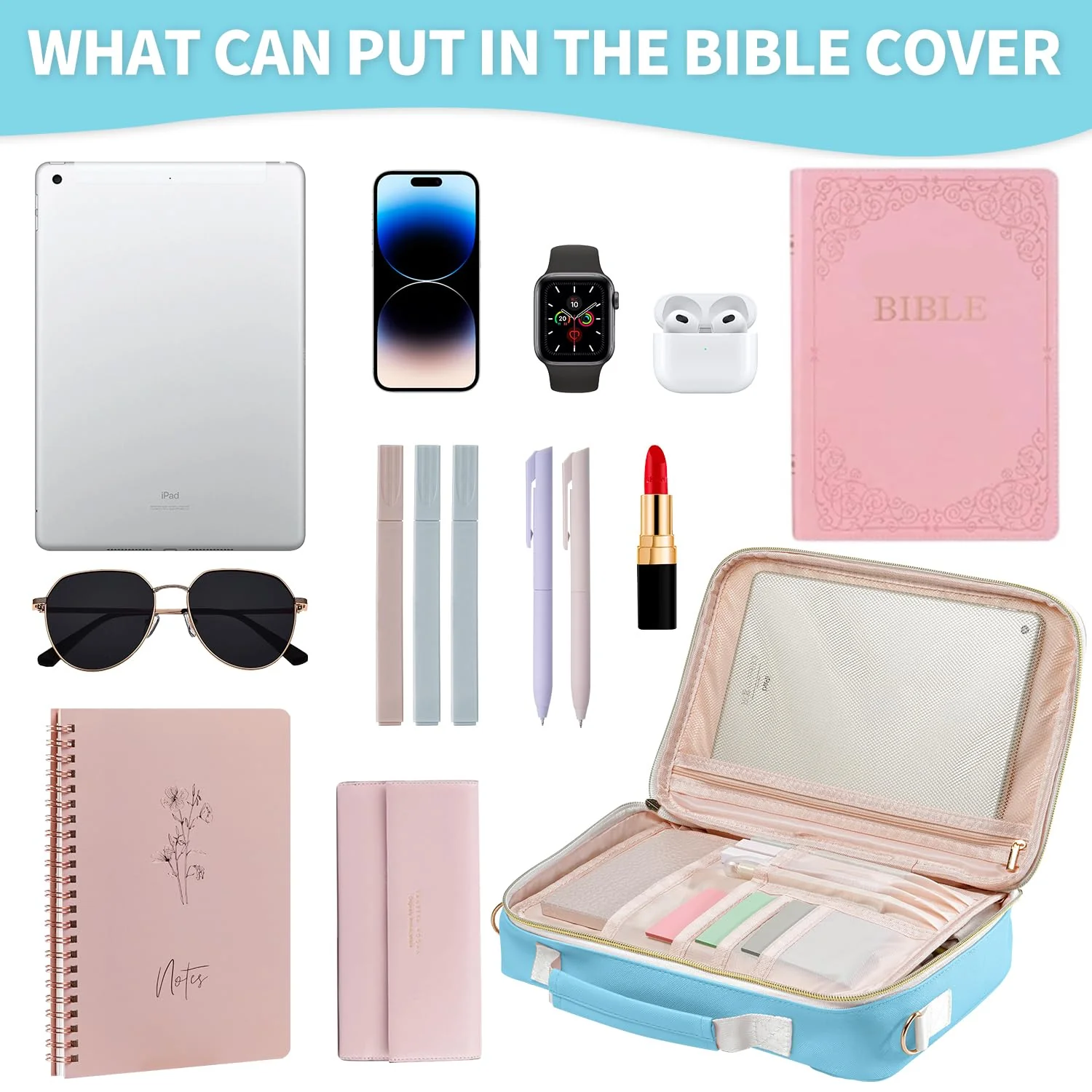 KOPKOFT Bible Cover Case for Women, Large Chenille Letter Leather Bible Case with Bible Study Accessories, Bible Study Supplies Bible Journaling Kit, Christmas Christian Gift for Women Girls (Blue) - Image 4