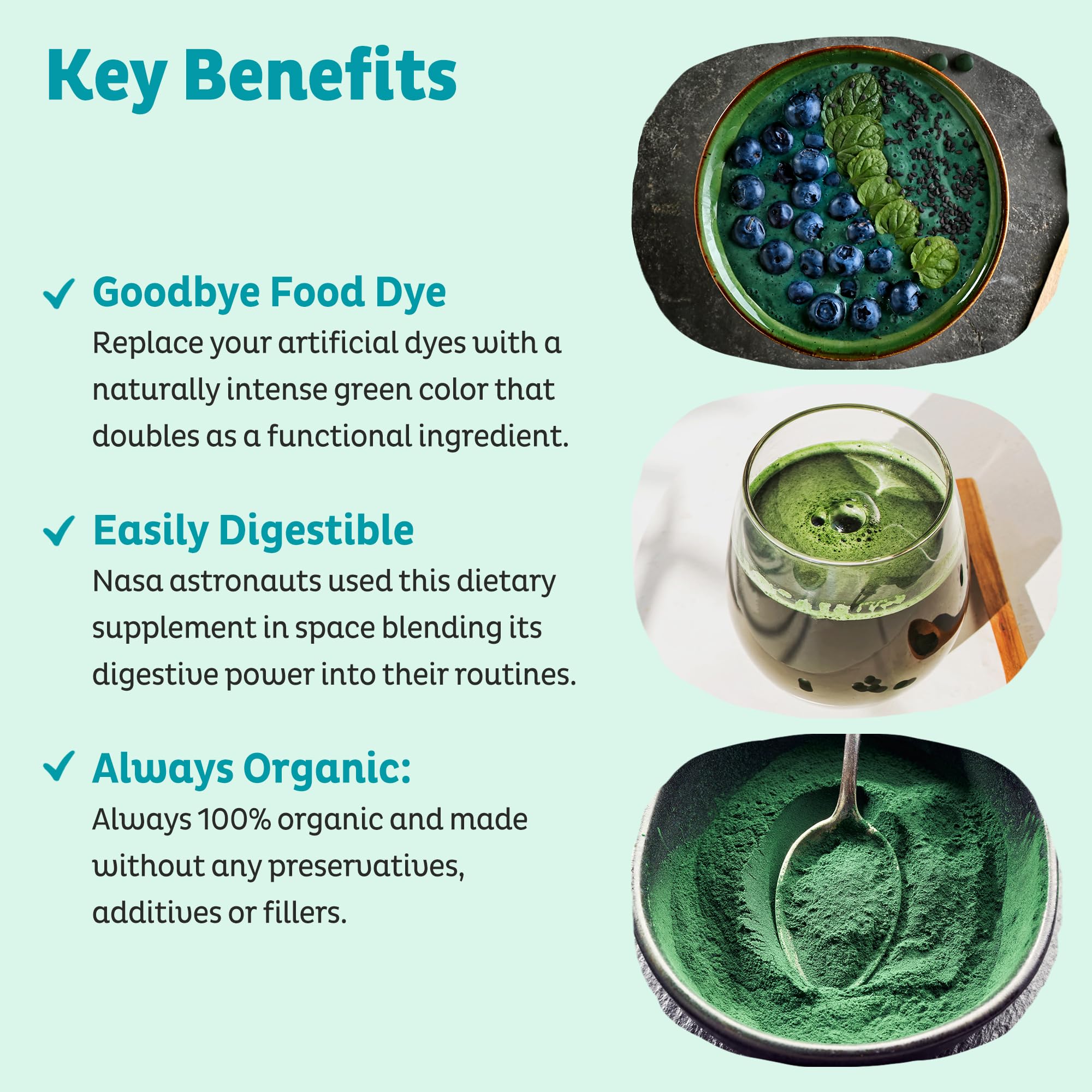 KOS Organic Spirulina Powder - USDA Certified Organic, 109 Servings of Superfood Powder for Smoothies & Juices, Non-Irradiated Blue Green Algae, Plant Based with Antioxidants, Vegan (13.5oz) - Image 7