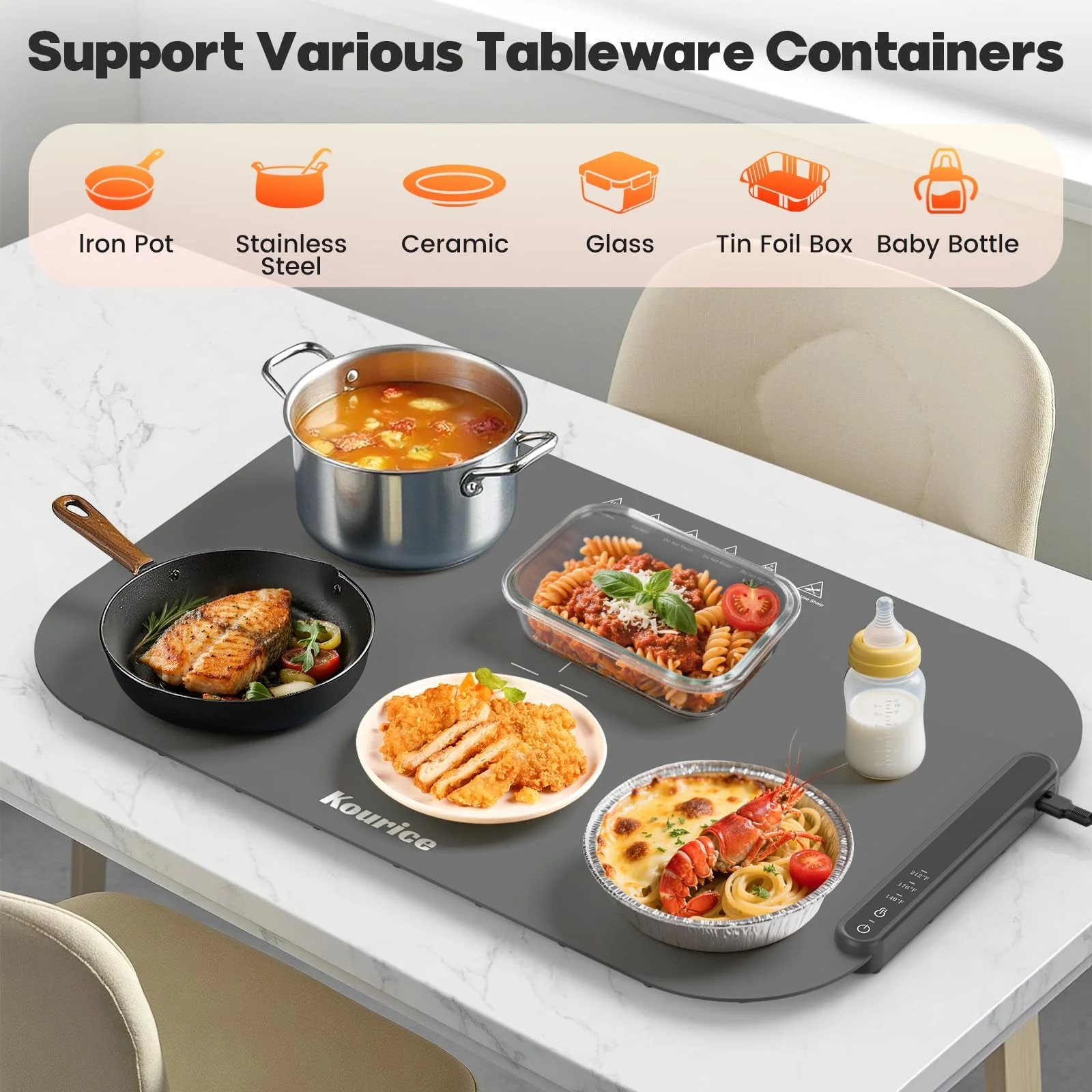 Kourice Food Warming Mat, Fast Heating Silicone Electric Warming Tray, 3 Temperature Settings, Auto Shut-Off Raised Feet Protects Table, Roll Up Food Warmer for Gatherings,Parties, Everyday Use - Image 5