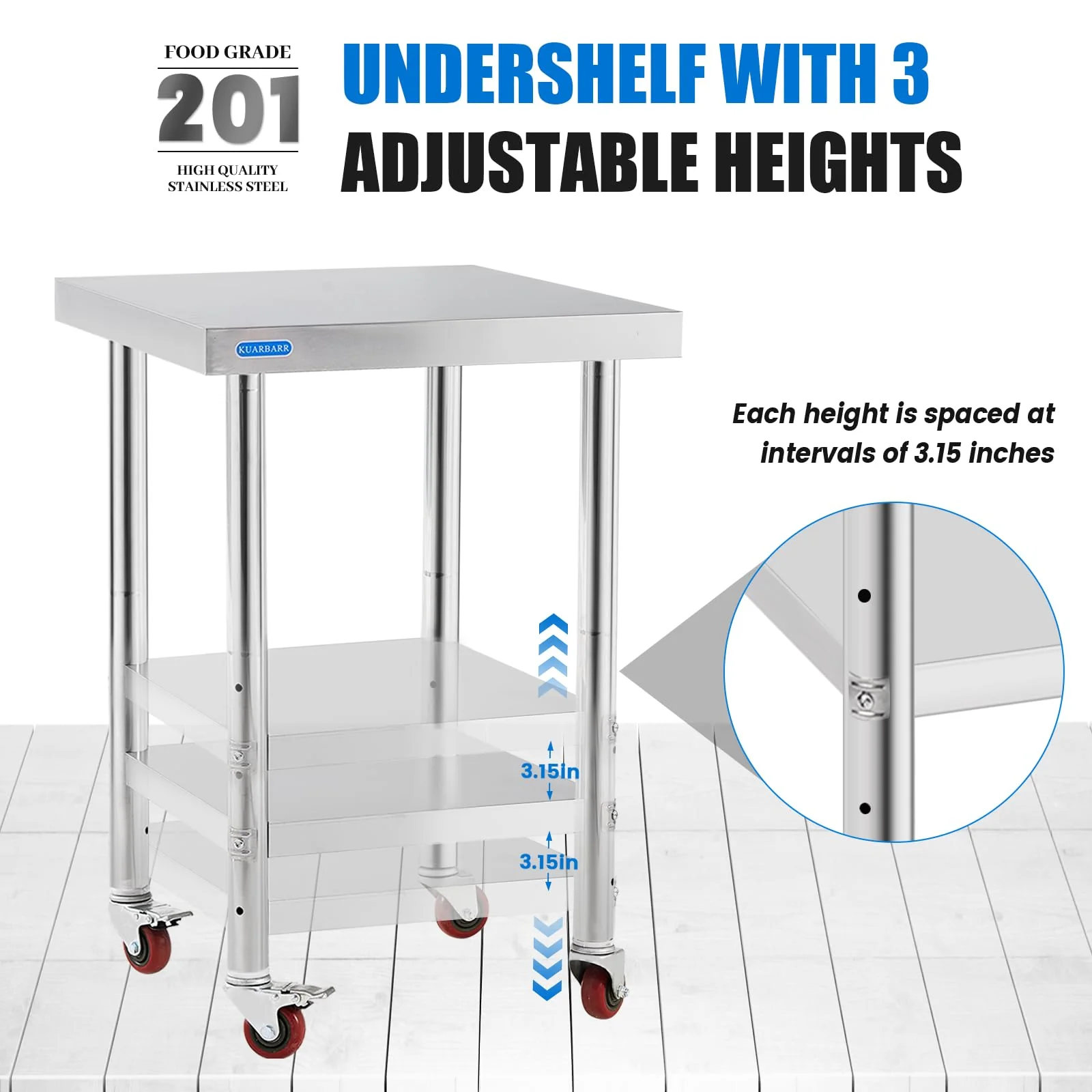 KUARBARR Stainless Steel Table for Prep & Work with 4 Caster Wheels with Undershelf 18 x 24 NSF Metal Commercial Kitchen Prep Table with Adjustable Under Shelf Worktable for Restaurant Home Outdoor - Image 4