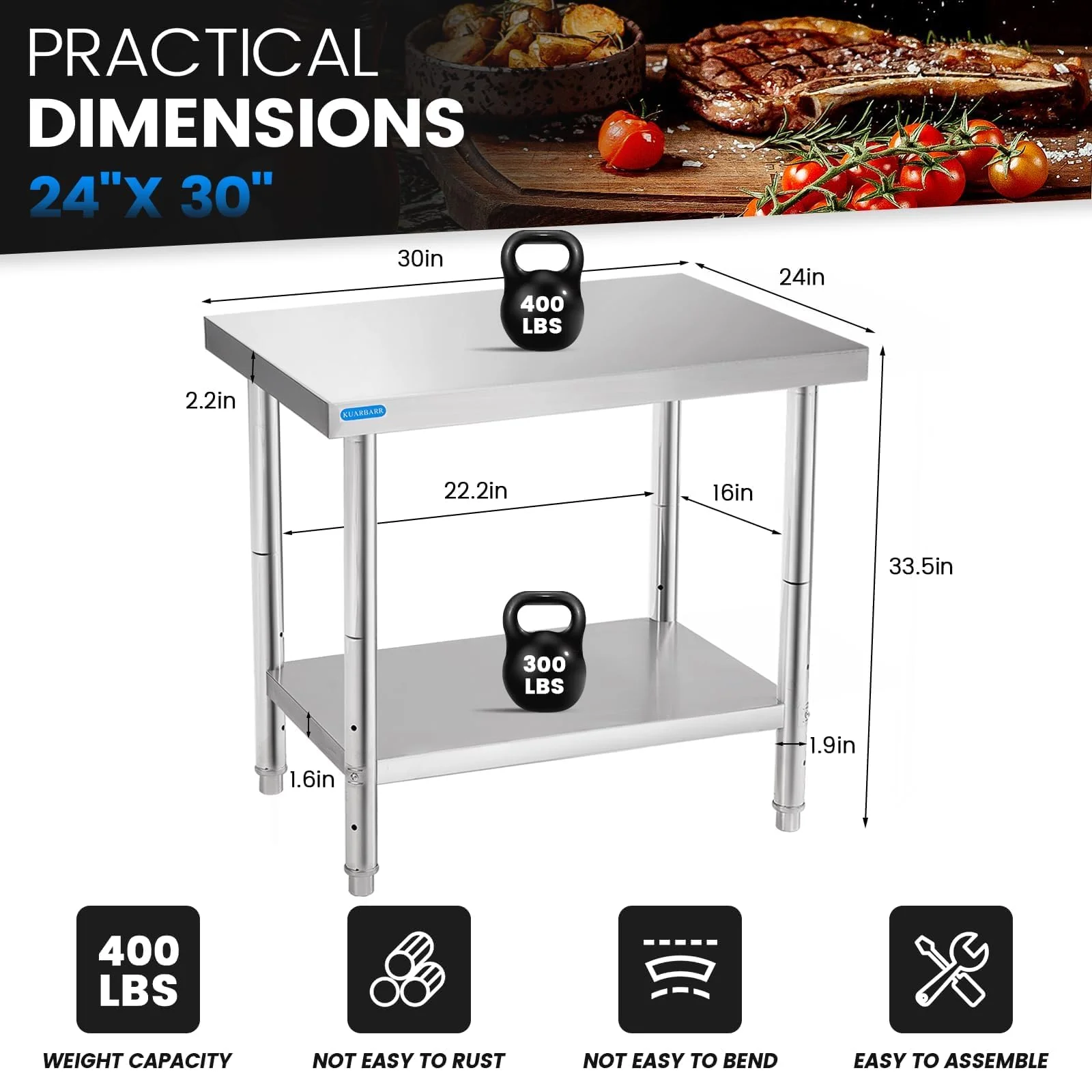 KUARBARR Stainless Steel Table for Prep & Work with Undershelf 24 x 36 Inches NSF Metal Commercial Kitchen Prep Table with Adjustable Under Shelf Worktable for Restaurant Home Outdoor - Image 8