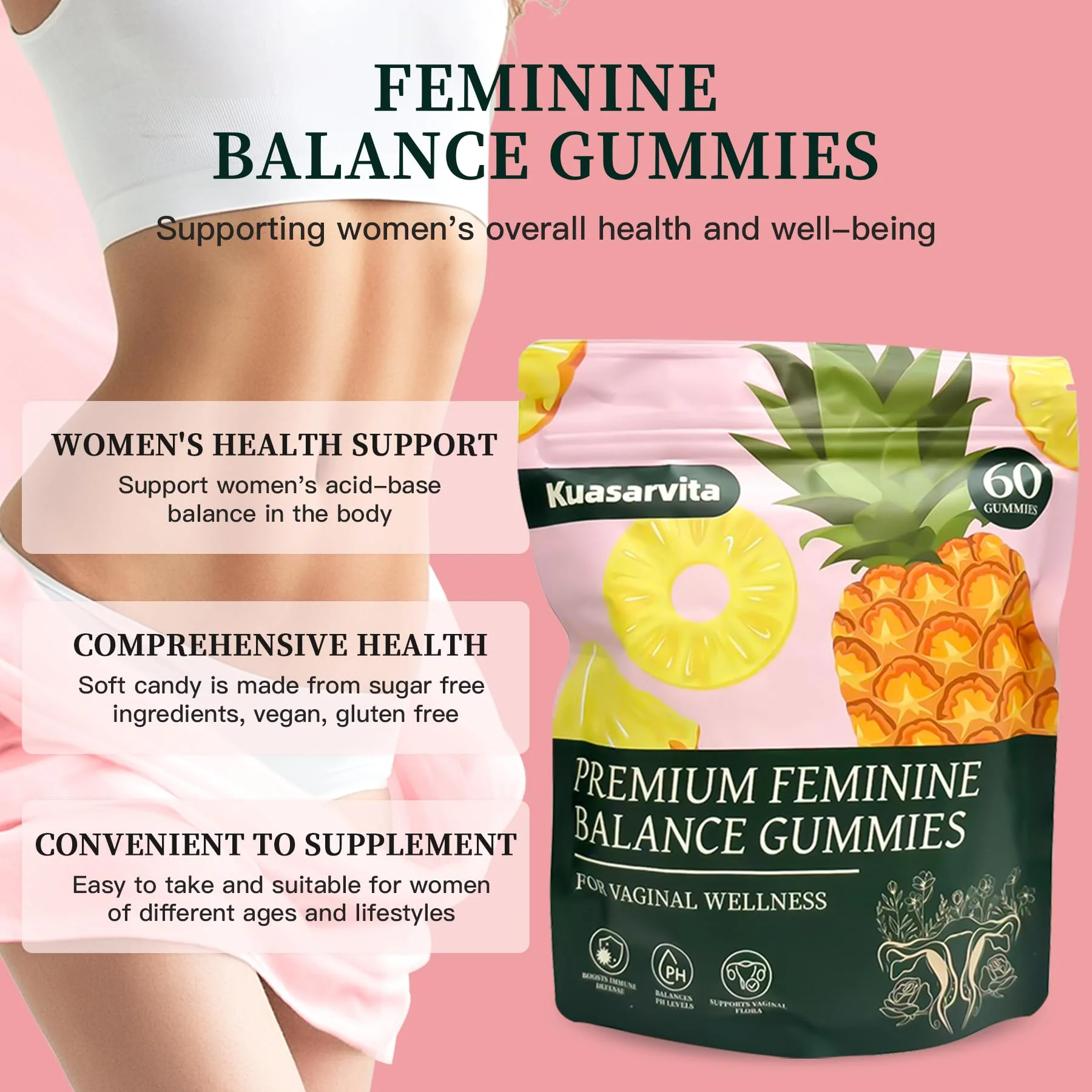 Kuasarvita Premium Vaginal Probiotics Gummies | Menstrual Relief | Feminine Care for Woman Balance pH | Hawaiian Pineapple Flavor | Sugar Free | 60 Gummies - Image 6