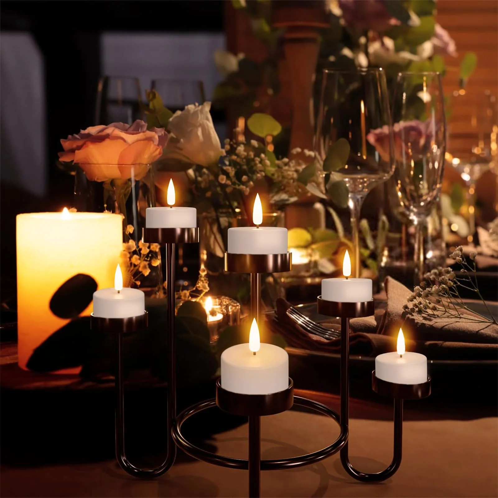 KunSwenn Rechargeable Tea Lights Candles Battery Operated, 12 Pcs White Battery Tea Lights with Remote and Charging Base, LED Flickering Tealights for Halloween Fall Christmas Decoration - Image 3