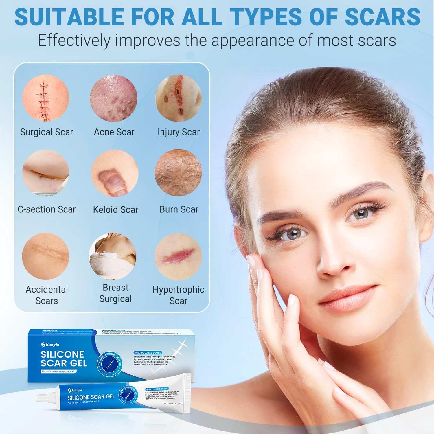 Kunyle Silicone Scar Gel, Scar Cream, Advanced Scar Gel for Surgical Scars, Stretch Marks, Keloid Bump Removal, Old and New Scars 0.70oz (20g) - Image 7